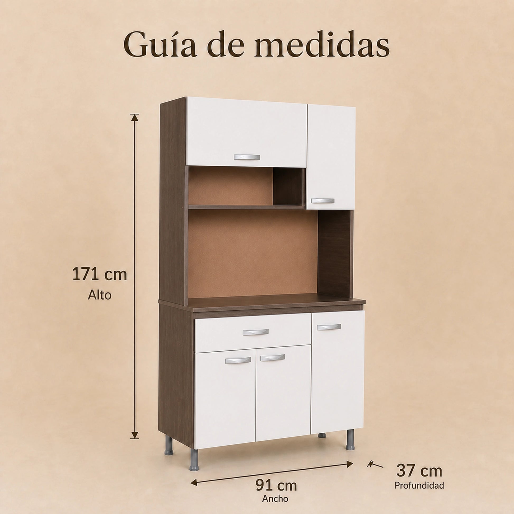 Guía de dimensiones del gabinete de cocina grande en Chocolate y Blanco: 171 x 91 x 37 cm