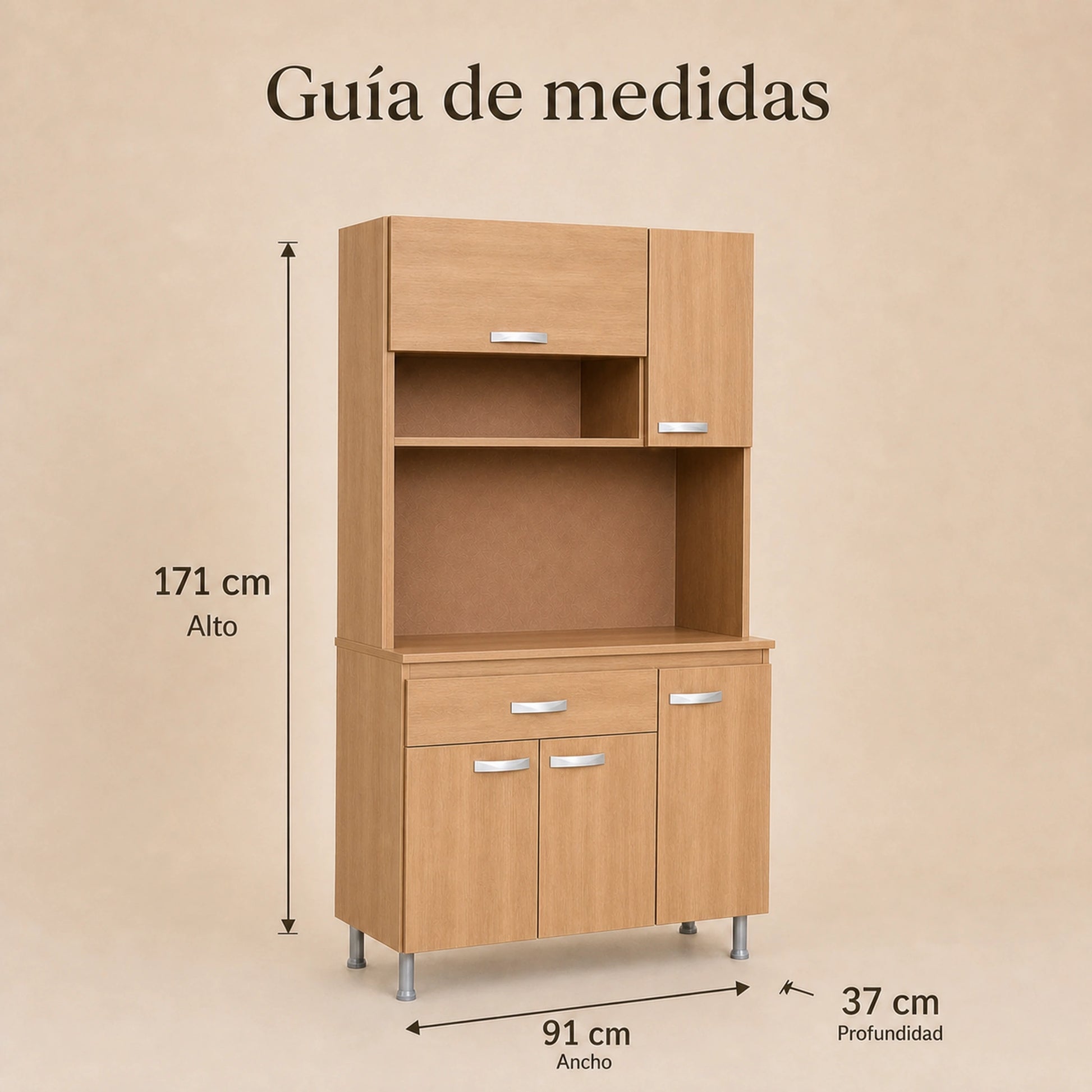 Guía de dimensiones del gabinete de cocina grande en Madera Beige: 171 x 91 x 37 cm