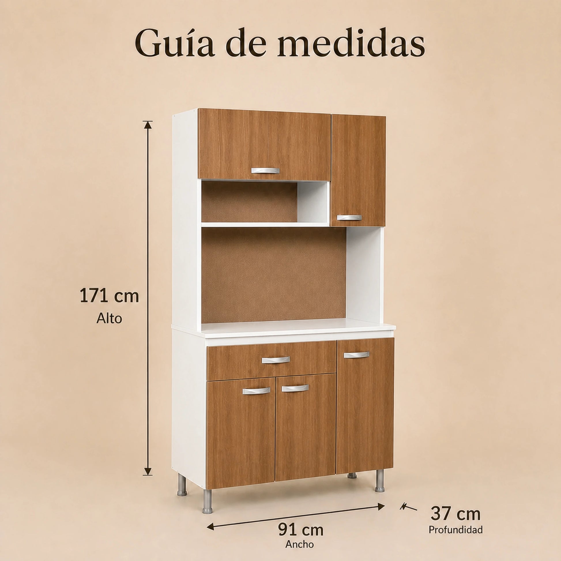 Guía de dimensiones del gabinete de cocina grande en Blanco y Madera: 171 x 91 x 37 cm