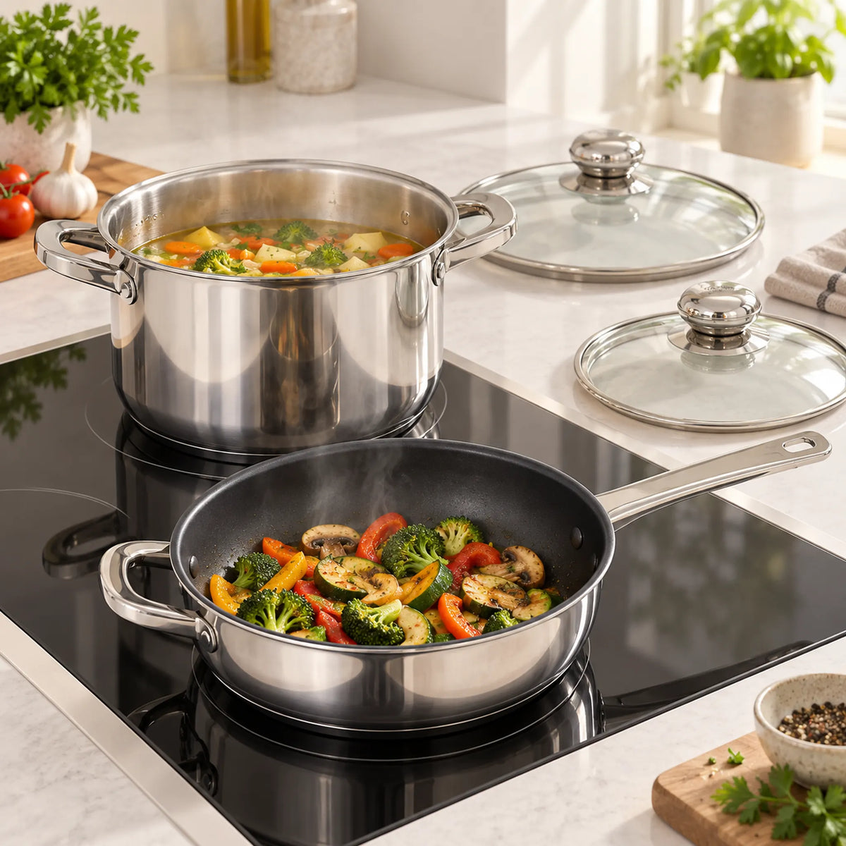 Olla y sartén Epicure cocinando sobre una estufa de inducción