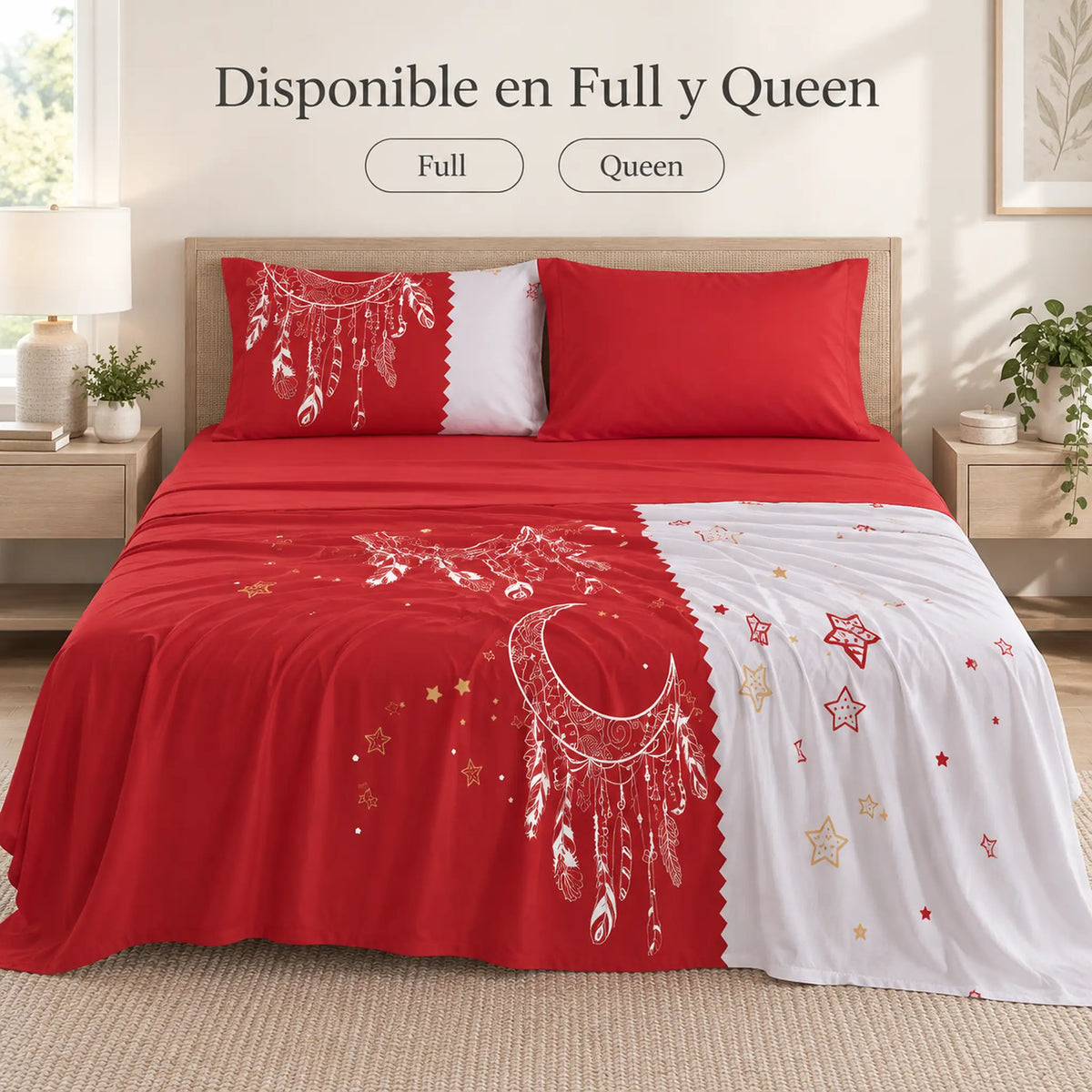 Juego de sábanas 4 piezas estampado rojo con atrapasueños y estrellas – disponible en full y queen
