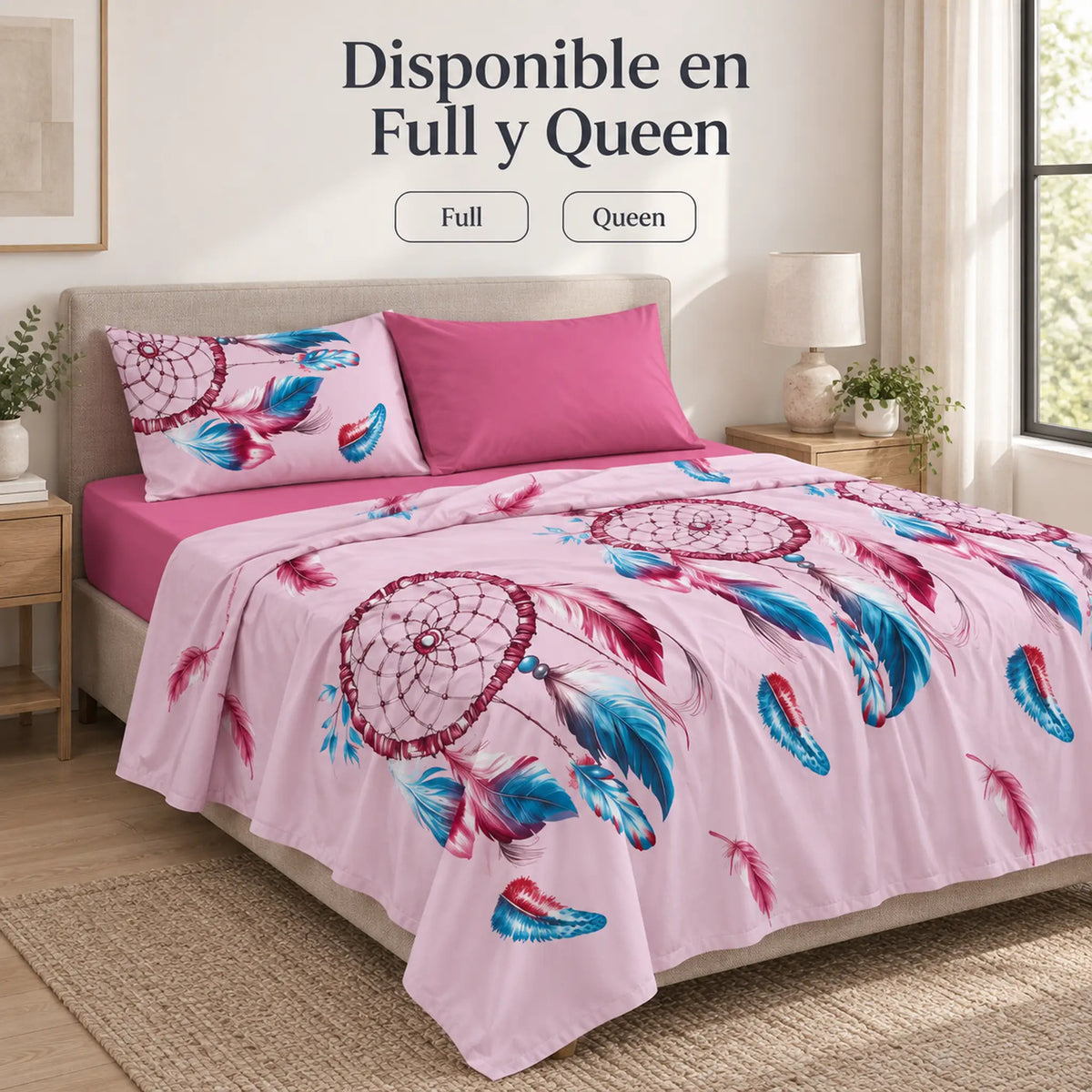 Juego de sábanas 4 piezas estampado con atrapasueños rosa – disponible en full y queen