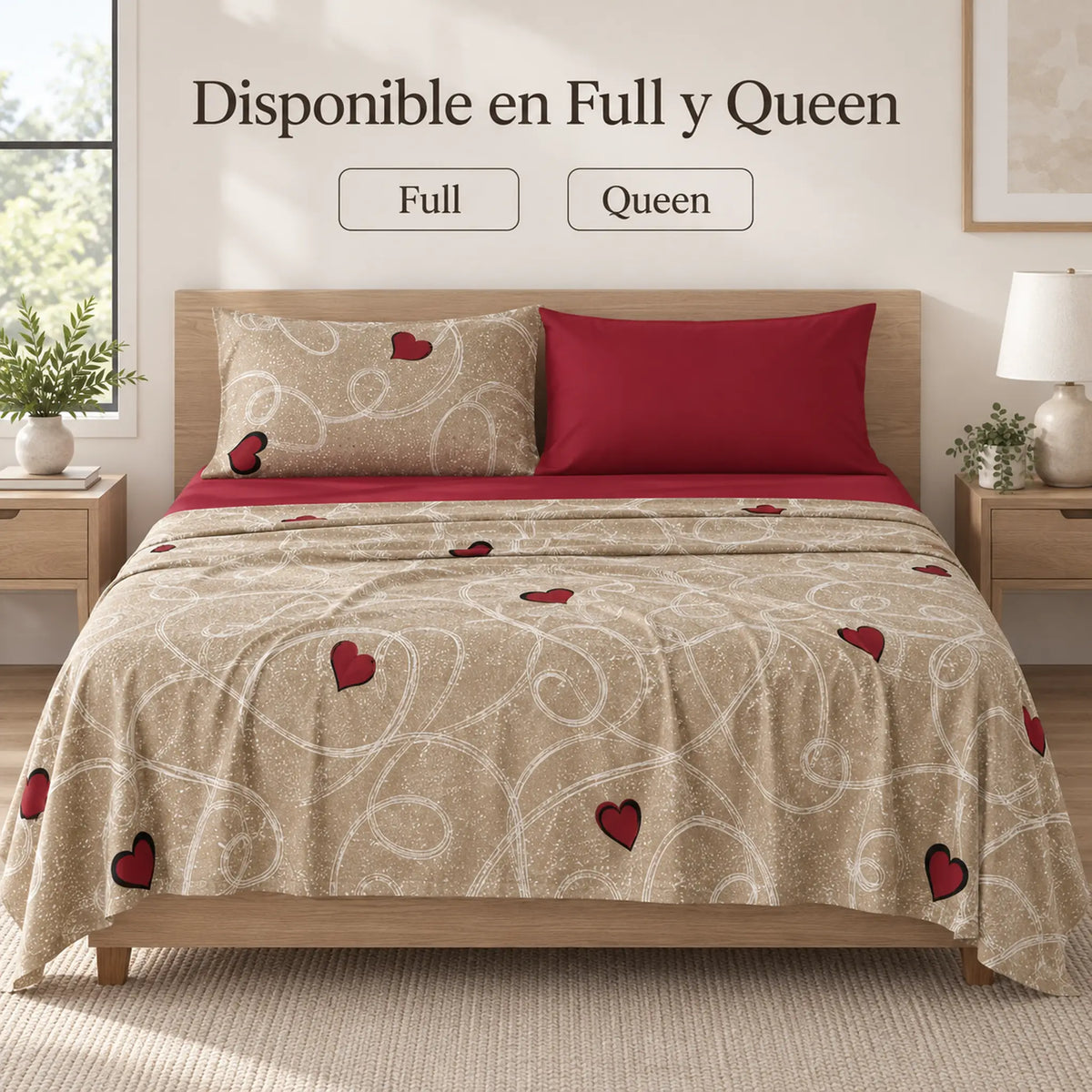 Juego de sábanas 4 piezas estampado beige con corazones – disponible en full y queen