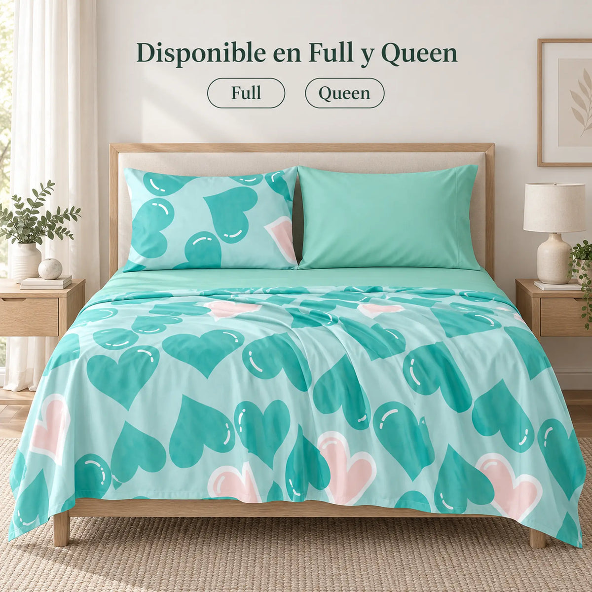 Juego de sábanas 4 piezas estampado verde menta con corazones – disponible en full y queen