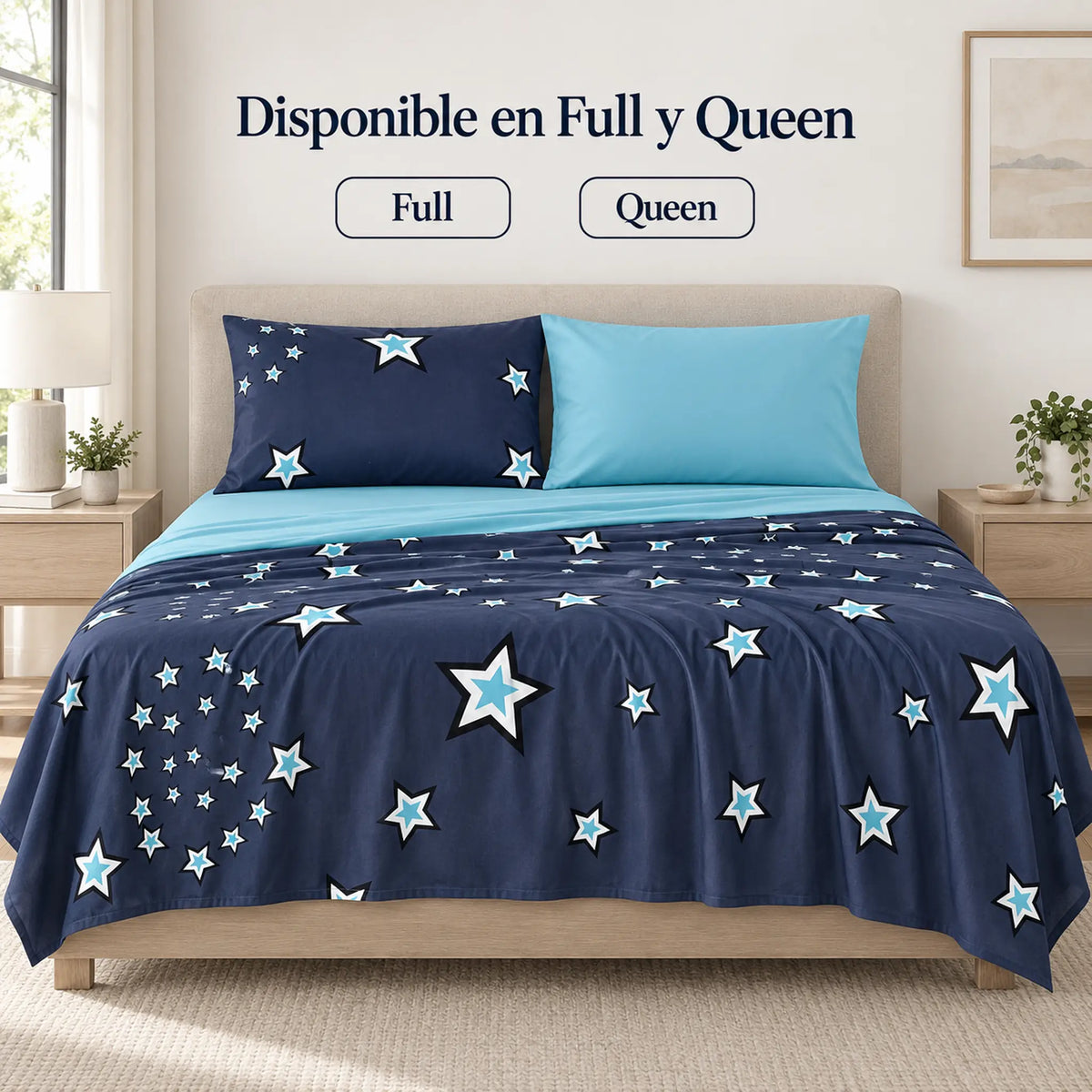 Juego de sábanas 4 piezas estampado azul marino con estrellas – disponible en full y queen