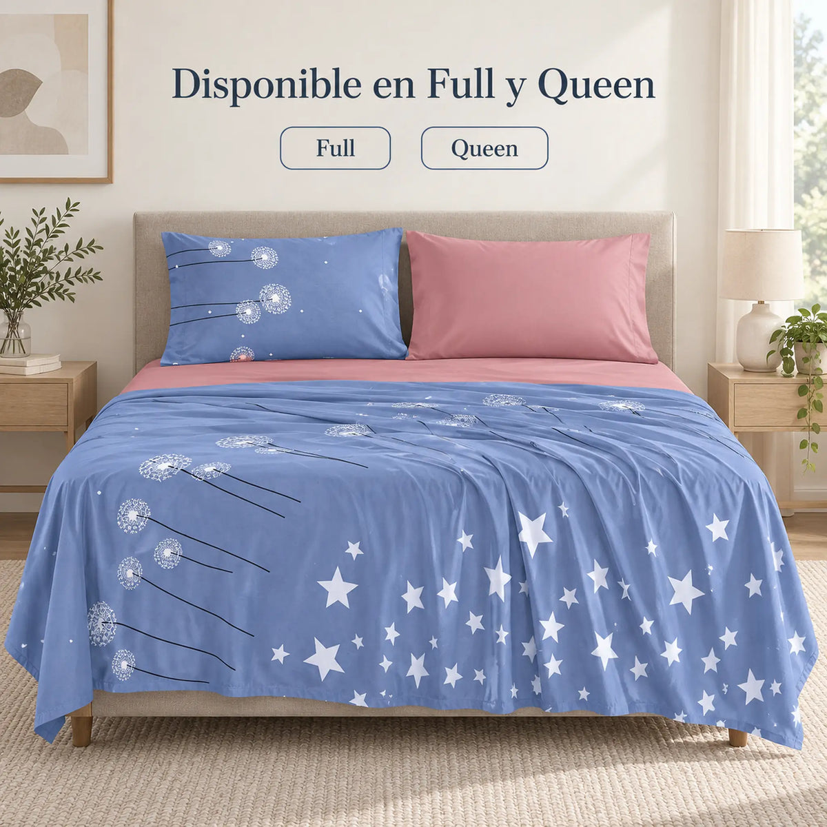 Juego de sábanas 4 piezas estampado azul con estrellas y dientes de león – disponible en full y queen