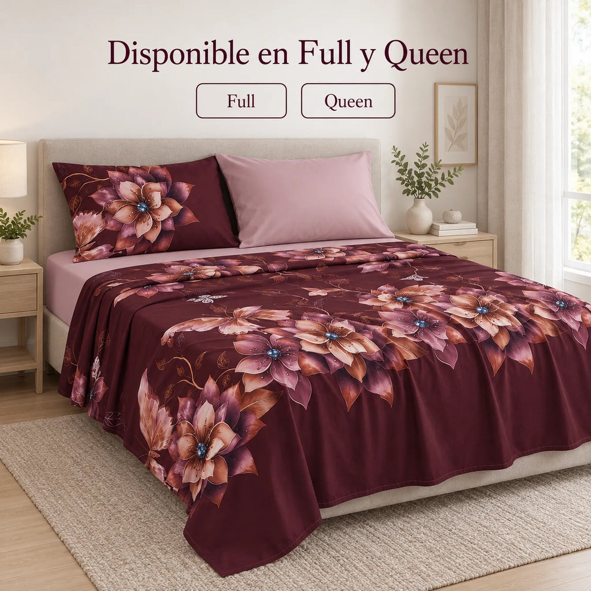 Juego de sábanas 4 piezas estampado color vino con flores – disponible en full y queen