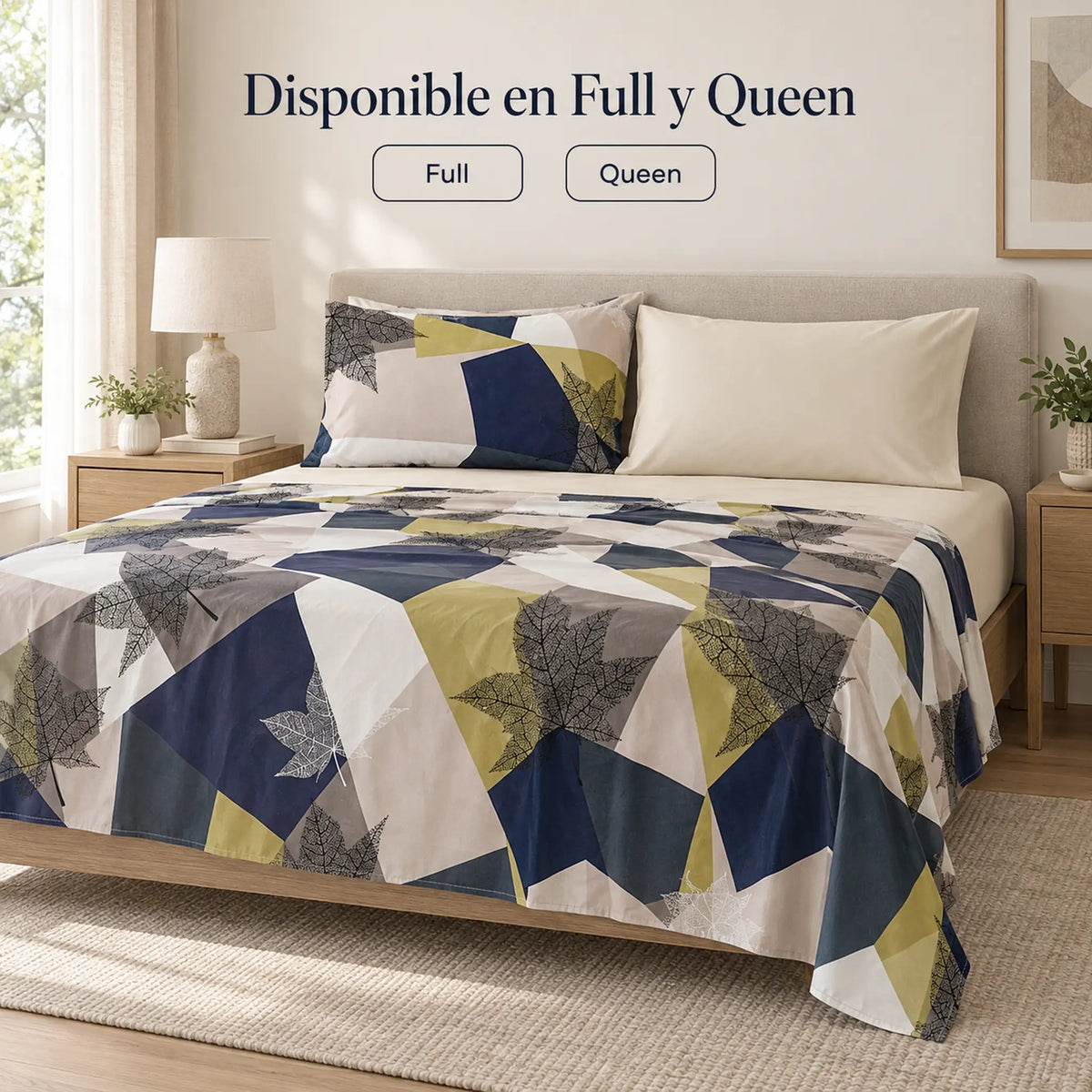 Juego de sábanas 4 piezas estampado con hojas geométricas – disponible en full y queen