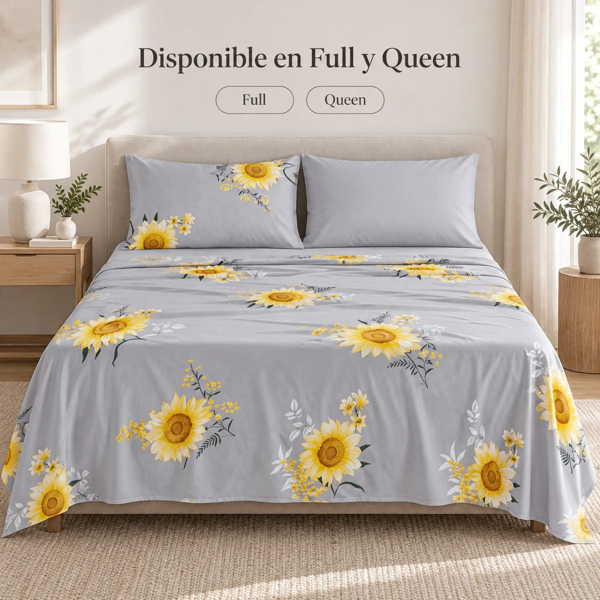 Juego de sábanas 4 piezas estampado gris con girasoles – disponible en full y queen