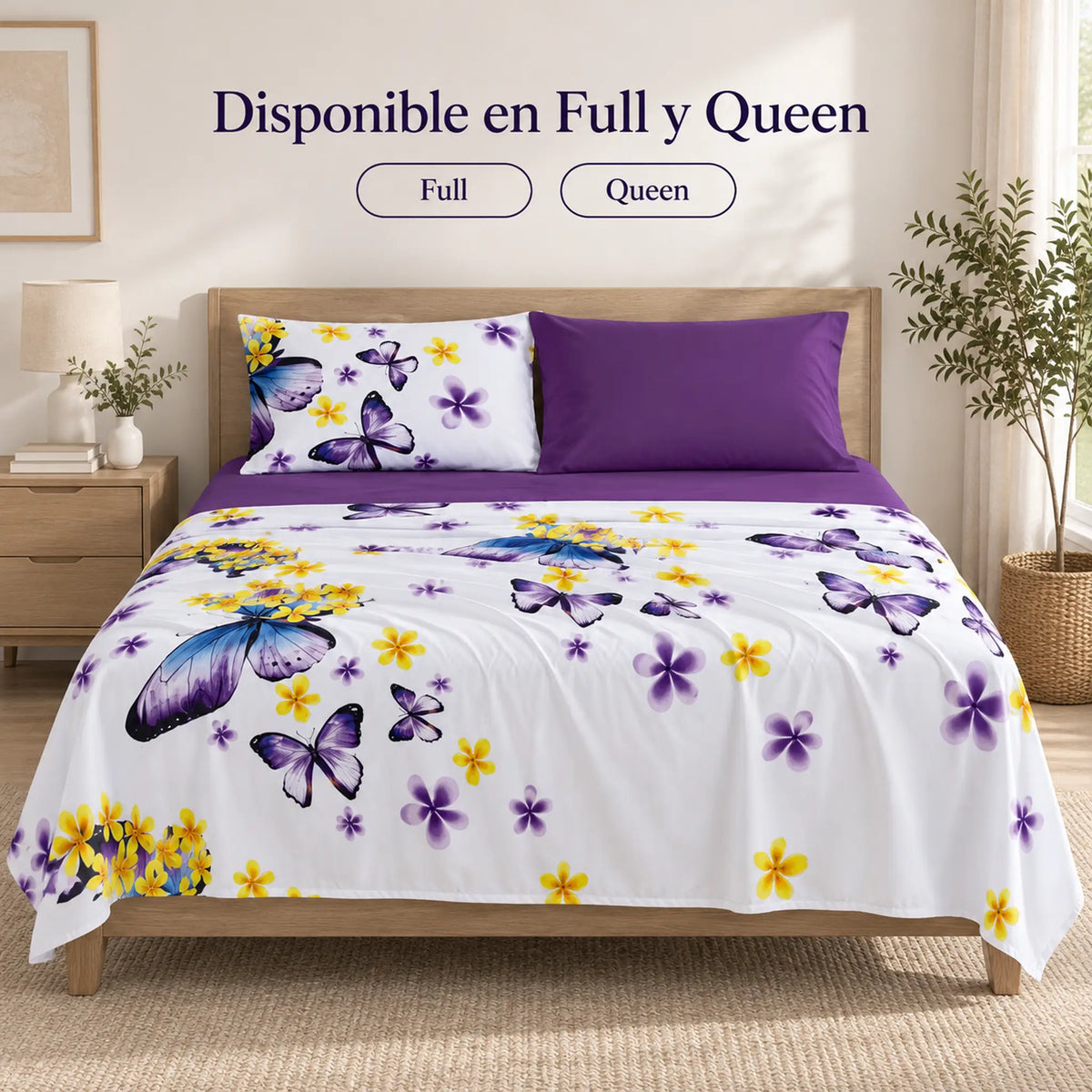 Juego de sábanas 4 piezas estampado morado con mariposas – disponible en full y queen