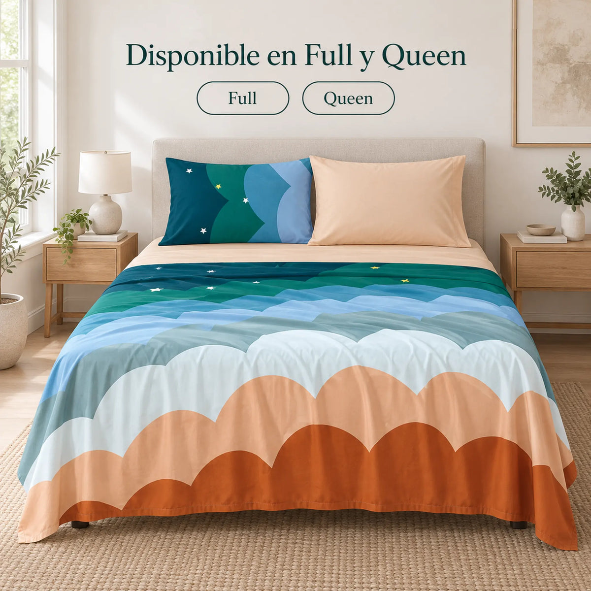 Juego de sábanas 4 piezas estampado con arcoíris de colores – disponible en full y queen