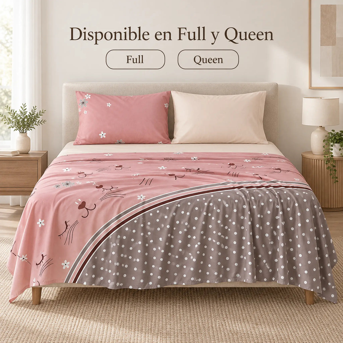 Juego de sábanas 4 piezas estampado rosa con gatito – disponible en full y queen