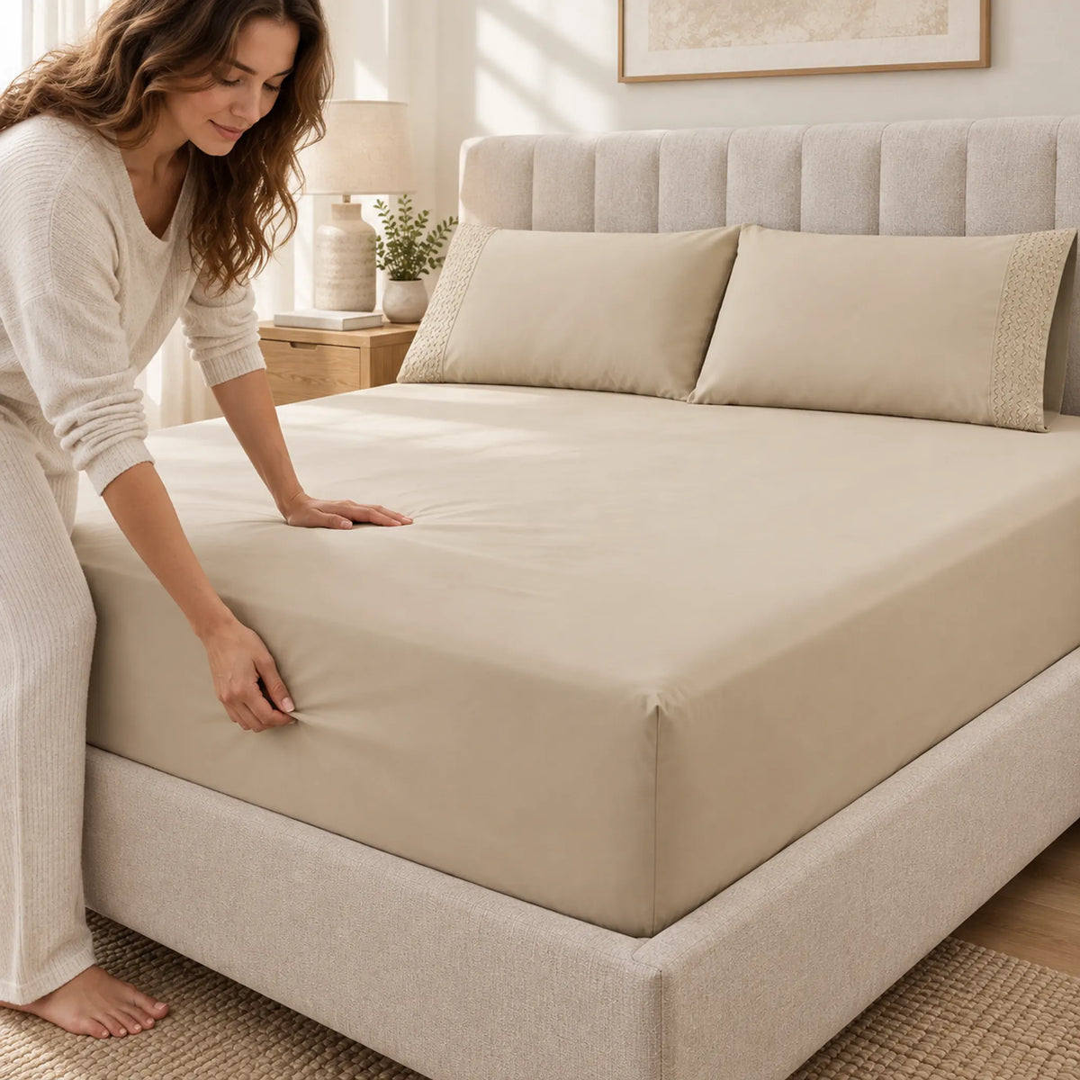Forro ajustable liso con 2 sobrefundas bordadas, color Beige – uso diario