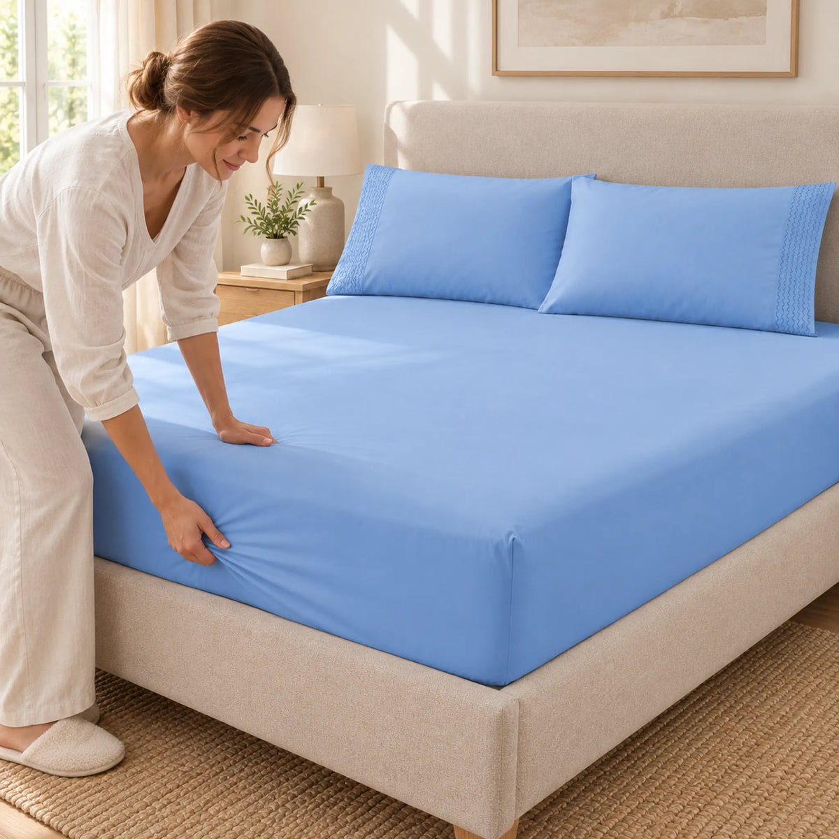 Forro ajustable liso con 2 sobrefundas bordadas, color Celeste – uso diario