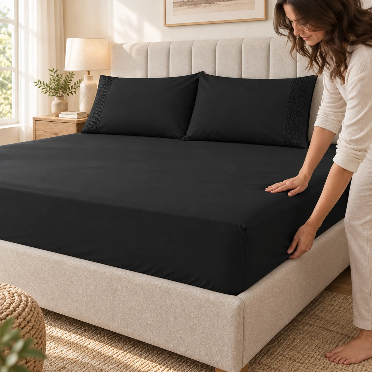 Forro ajustable liso con 2 sobrefundas bordadas, color Negro – uso diario