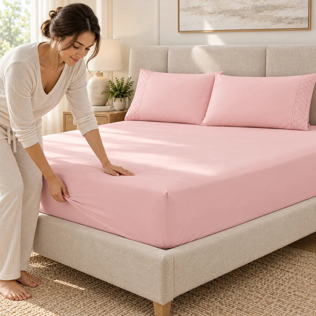 Forro ajustable liso con 2 sobrefundas bordadas, color Rosa Claro – uso diario
