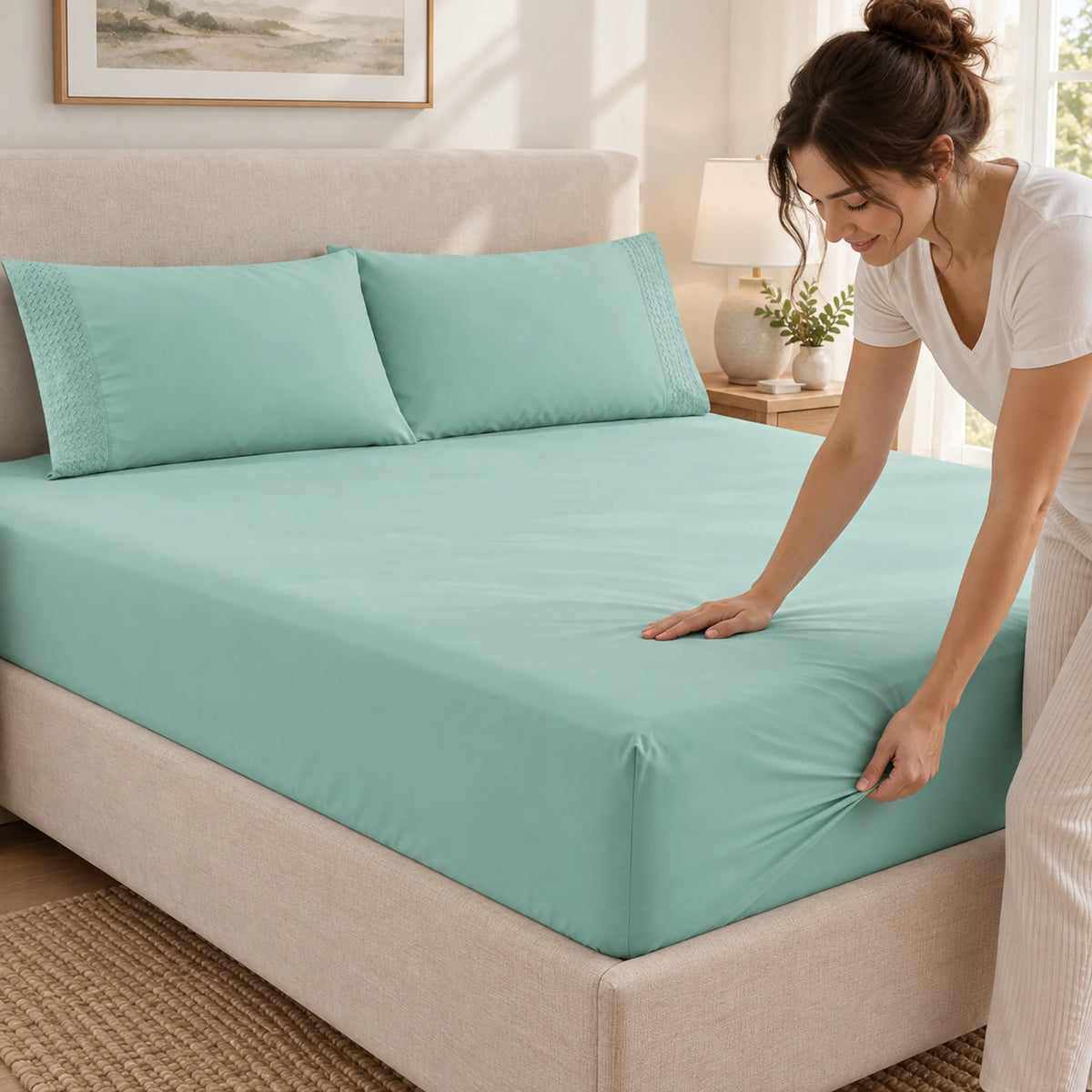 Forro ajustable liso con 2 sobrefundas bordadas, color Verde Menta – uso diario