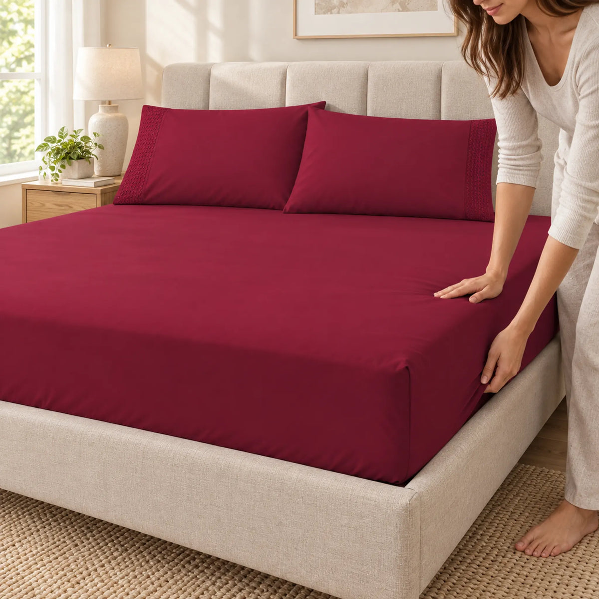 Forro ajustable liso con 2 sobrefundas bordadas, color Vino – uso diario