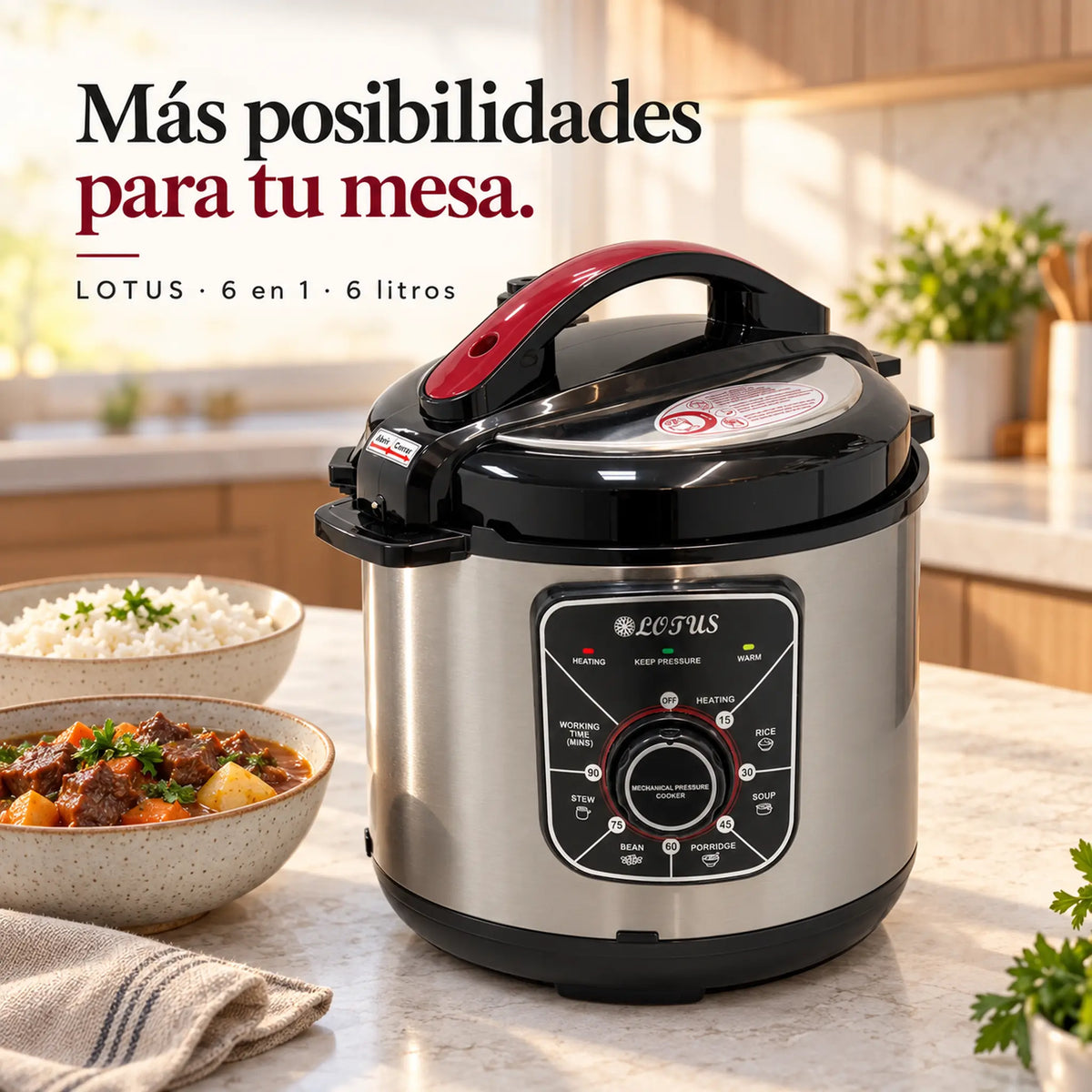 Olla de presión eléctrica multifuncional 6 en 1 de 6 litros – en la mesa con comida casera