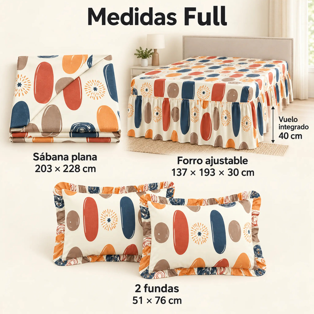 Juego de sábanas con vuelo 4 piezas, diseño Óvalos Multicolor – medidas tamaño full