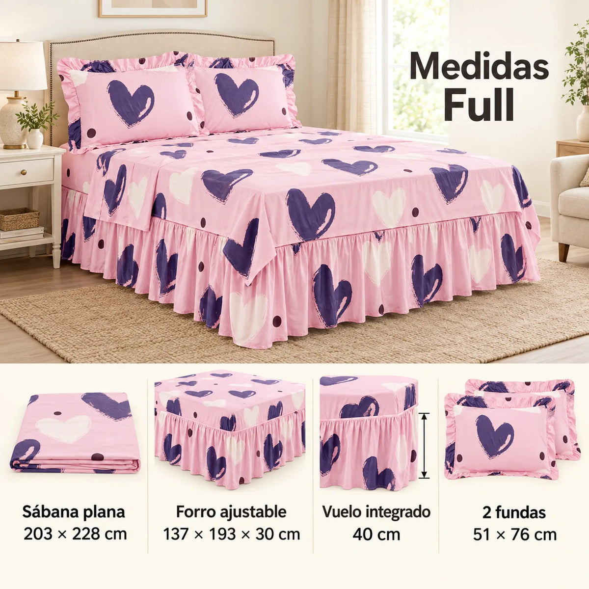 Juego de sábanas con vuelo 4 piezas, diseño Corazones Rosa y Morado – medidas tamaño full
