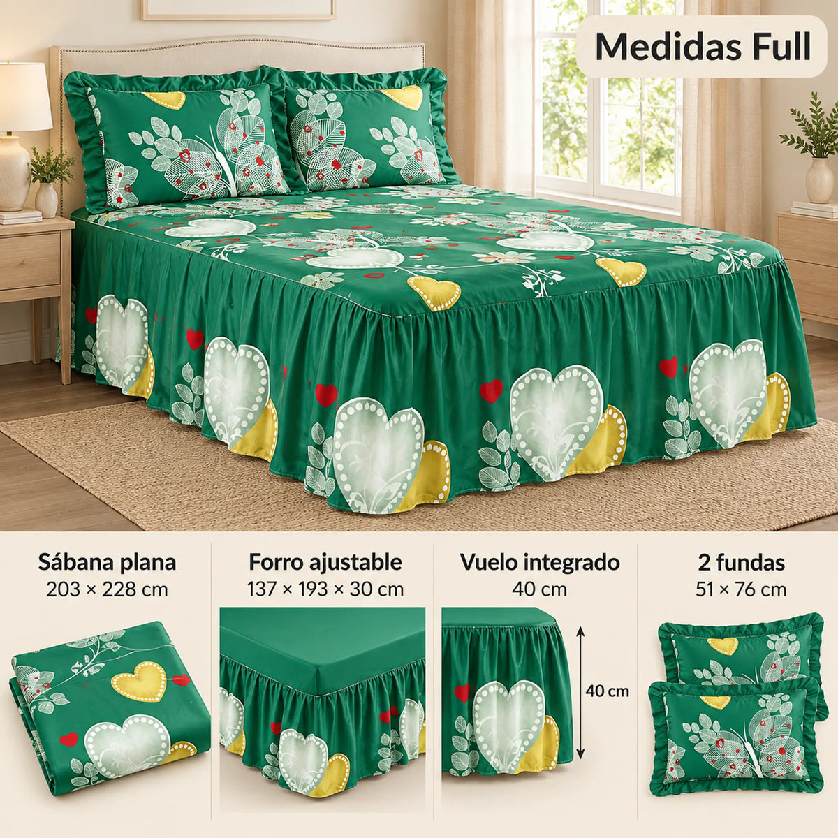 Juego de sábanas con vuelo 4 piezas, diseño Corazones Verde Esmeralda – medidas tamaño full