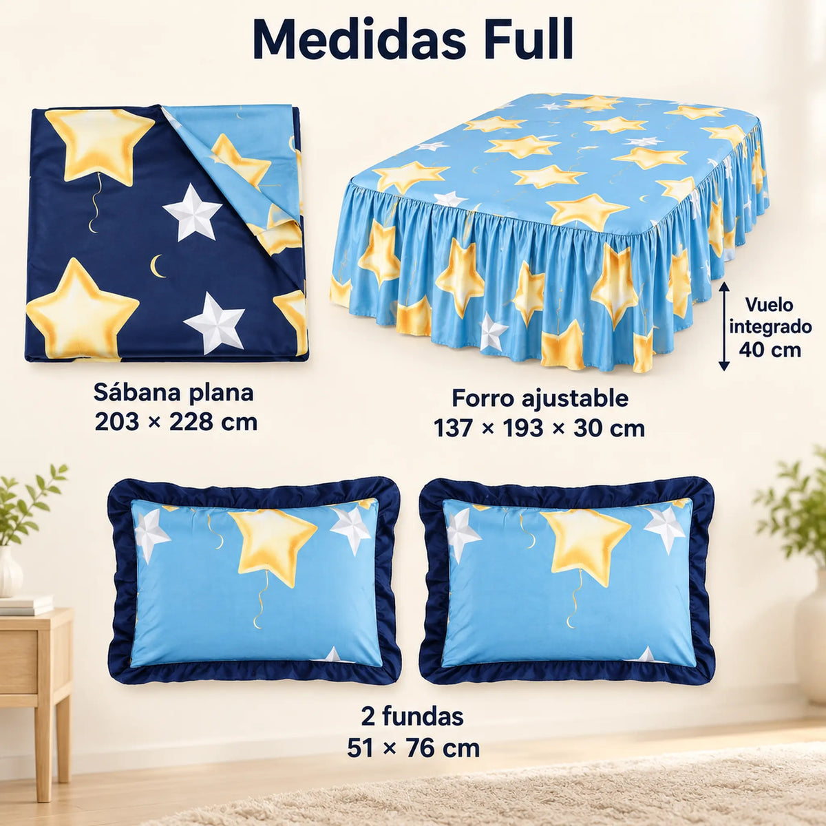 Juego de sábanas con vuelo 4 piezas, diseño Estrellas Doradas Azul – medidas tamaño full