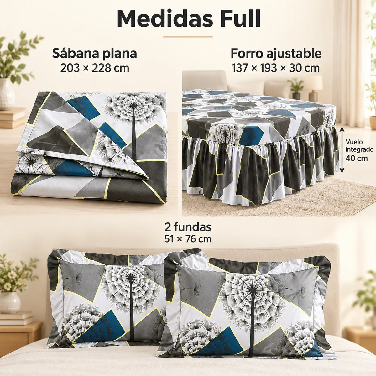 Juego de sábanas con vuelo 4 piezas, diseño Dientes de León Gris y Azul – medidas tamaño full