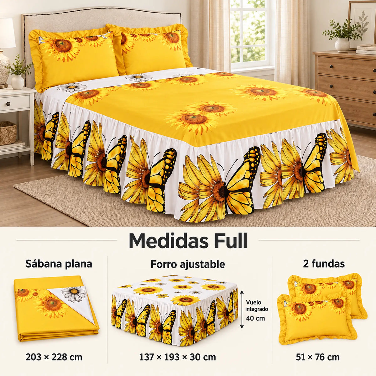 Juego de sábanas con vuelo 4 piezas, diseño Girasoles y Mariposas Amarillas – medidas tamaño full