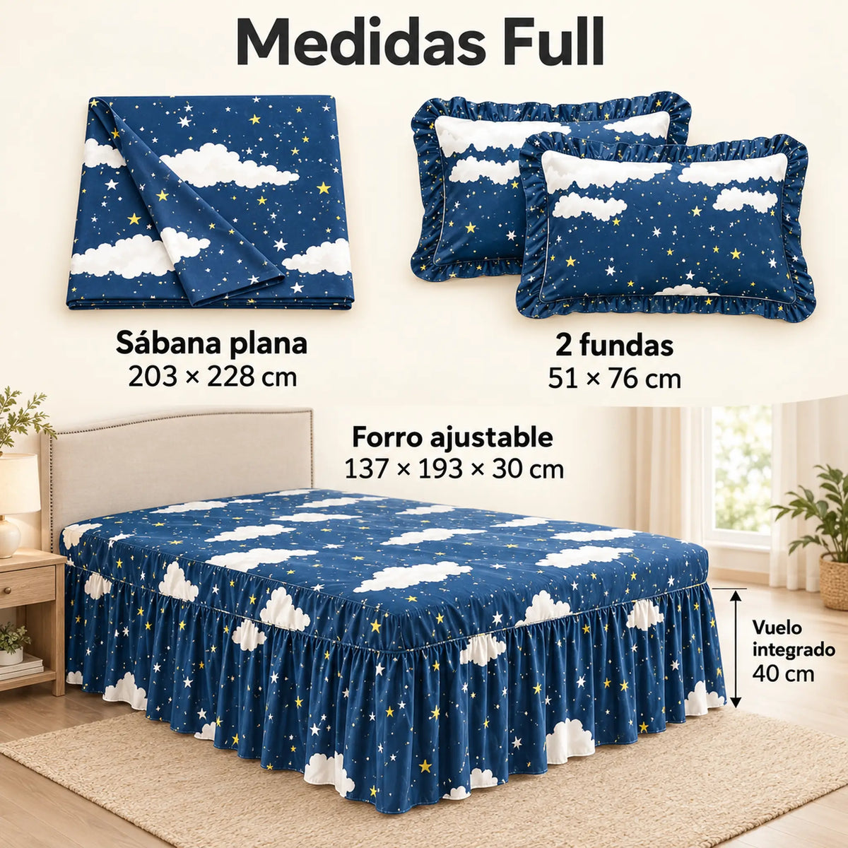Juego de sábanas con vuelo 4 piezas, diseño Nubes y Estrellas Azul Marino – medidas tamaño full
