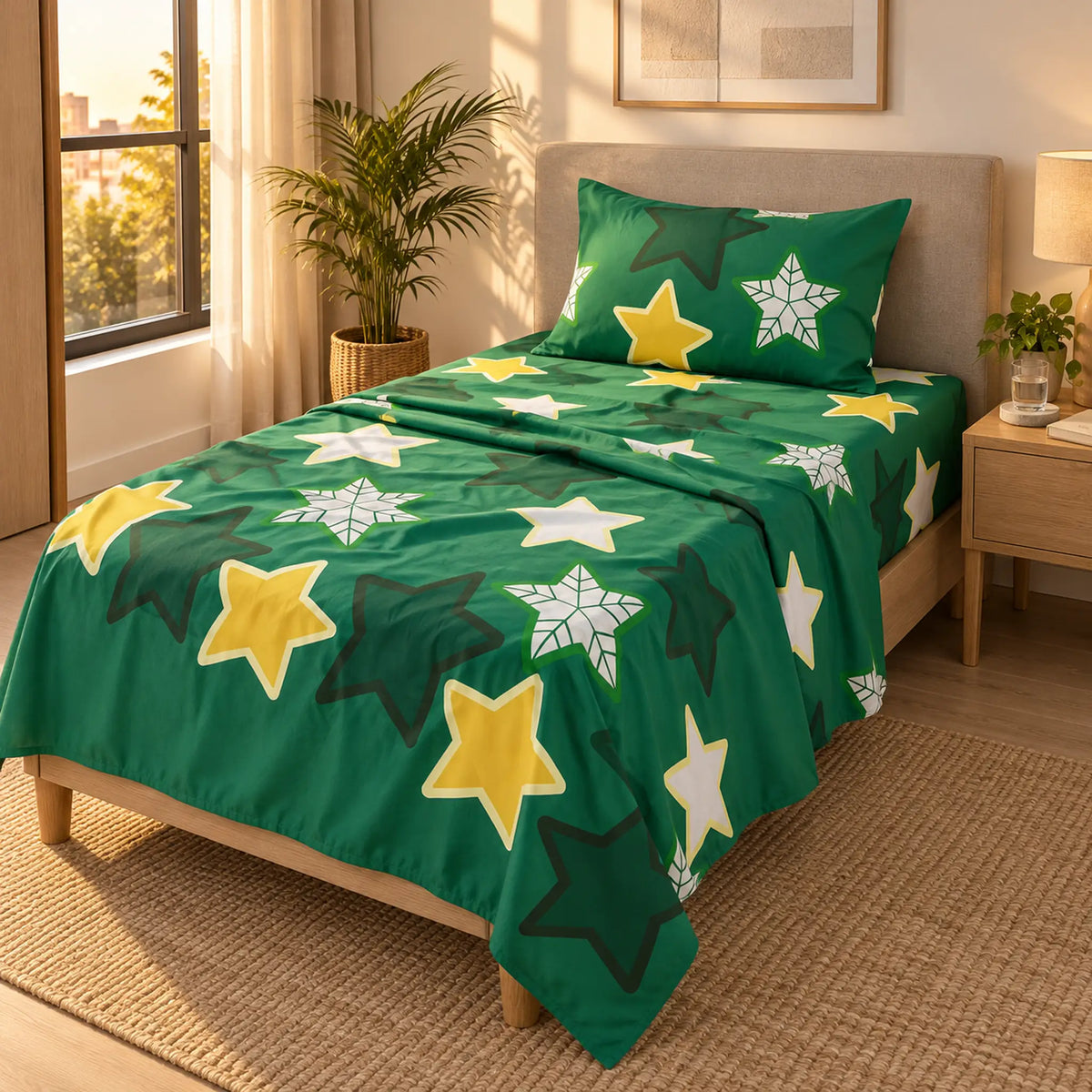 Juego de sábanas semimatrimonial 1.20 m, diseño Estrellas Verde Esmeralda – uso diario