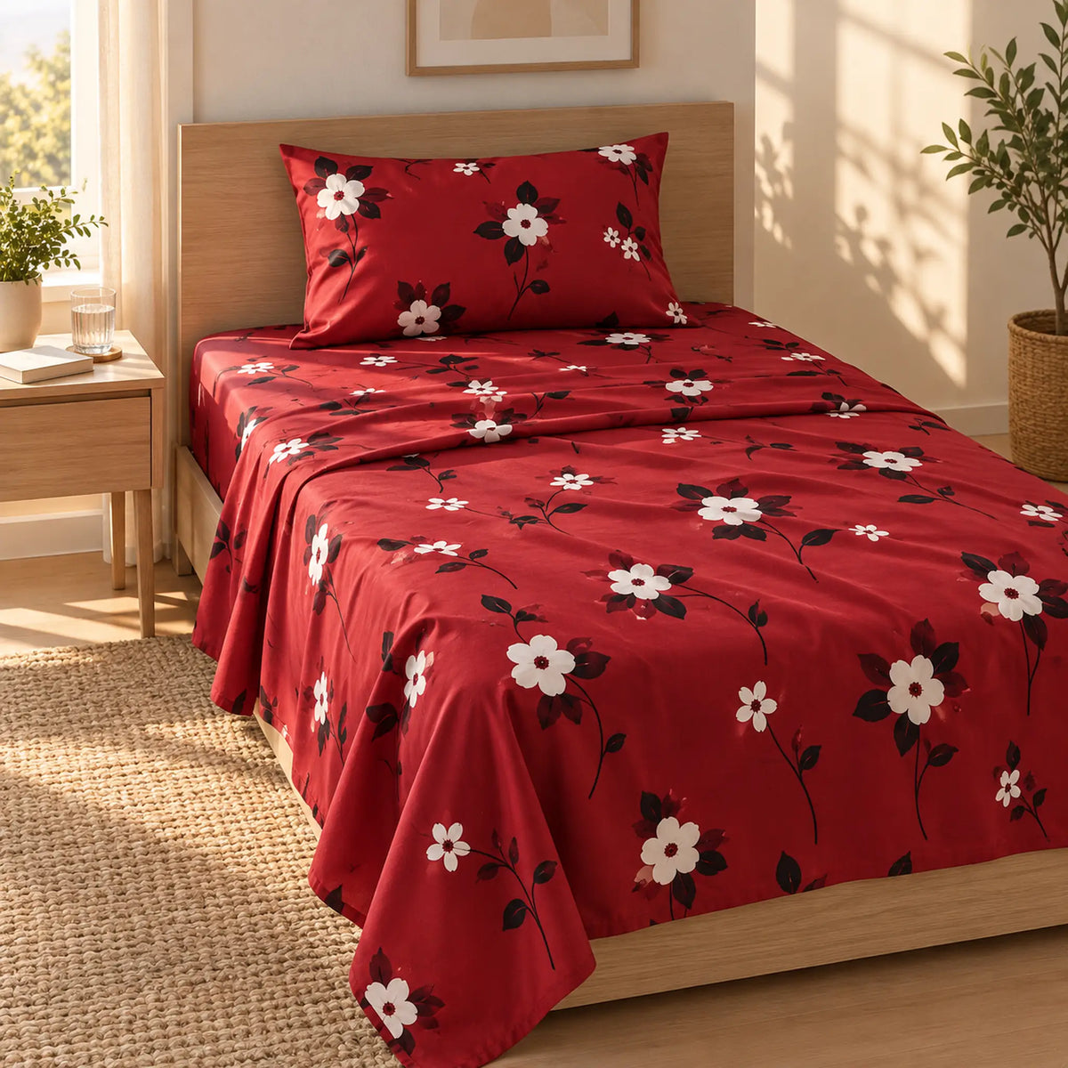 Juego de sábanas semimatrimonial 1.20 m, diseño Flores Blancas Fondo Rojo – uso diario