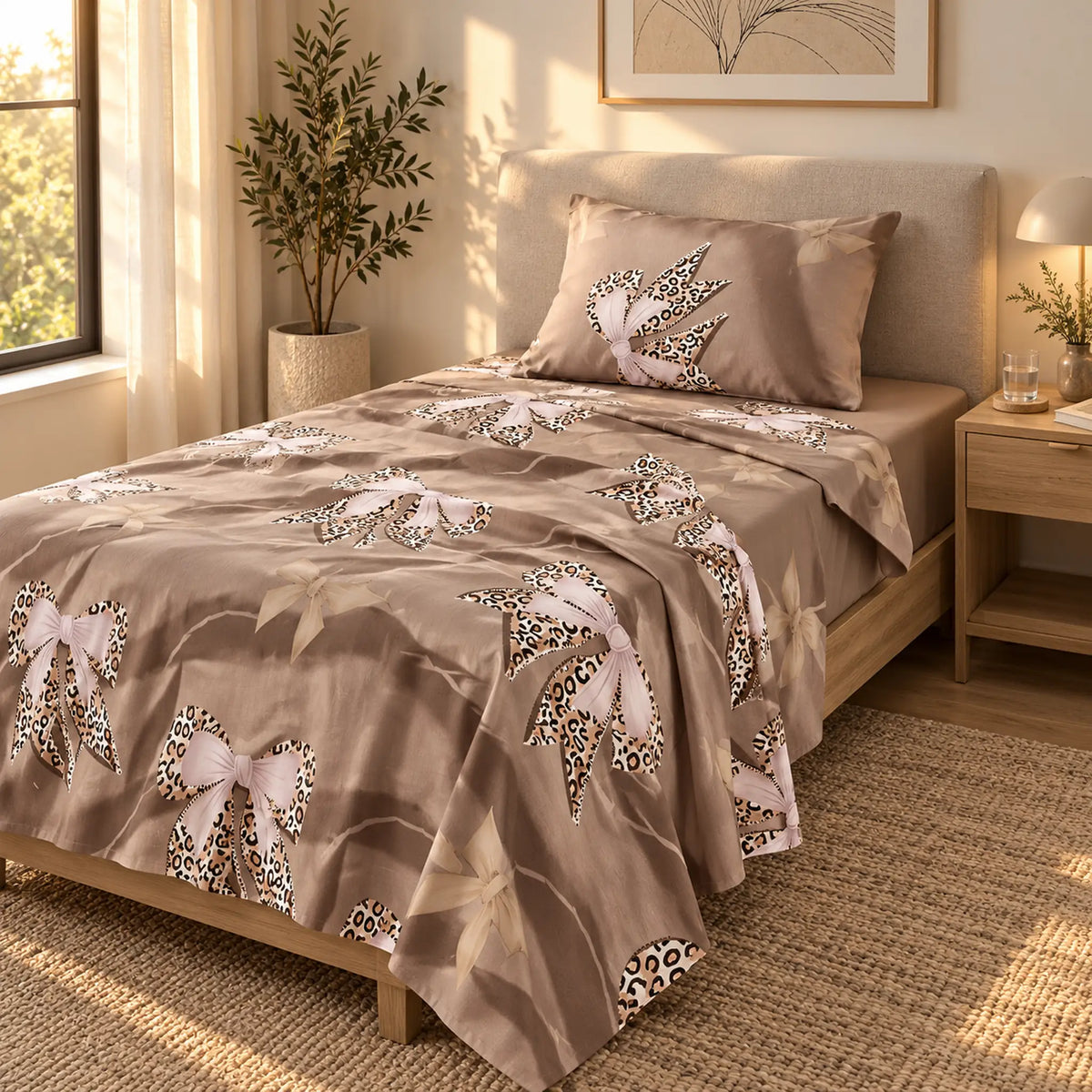 Juego de sábanas semimatrimonial 1.20 m, diseño Lazos Beige Leopardo – uso diario