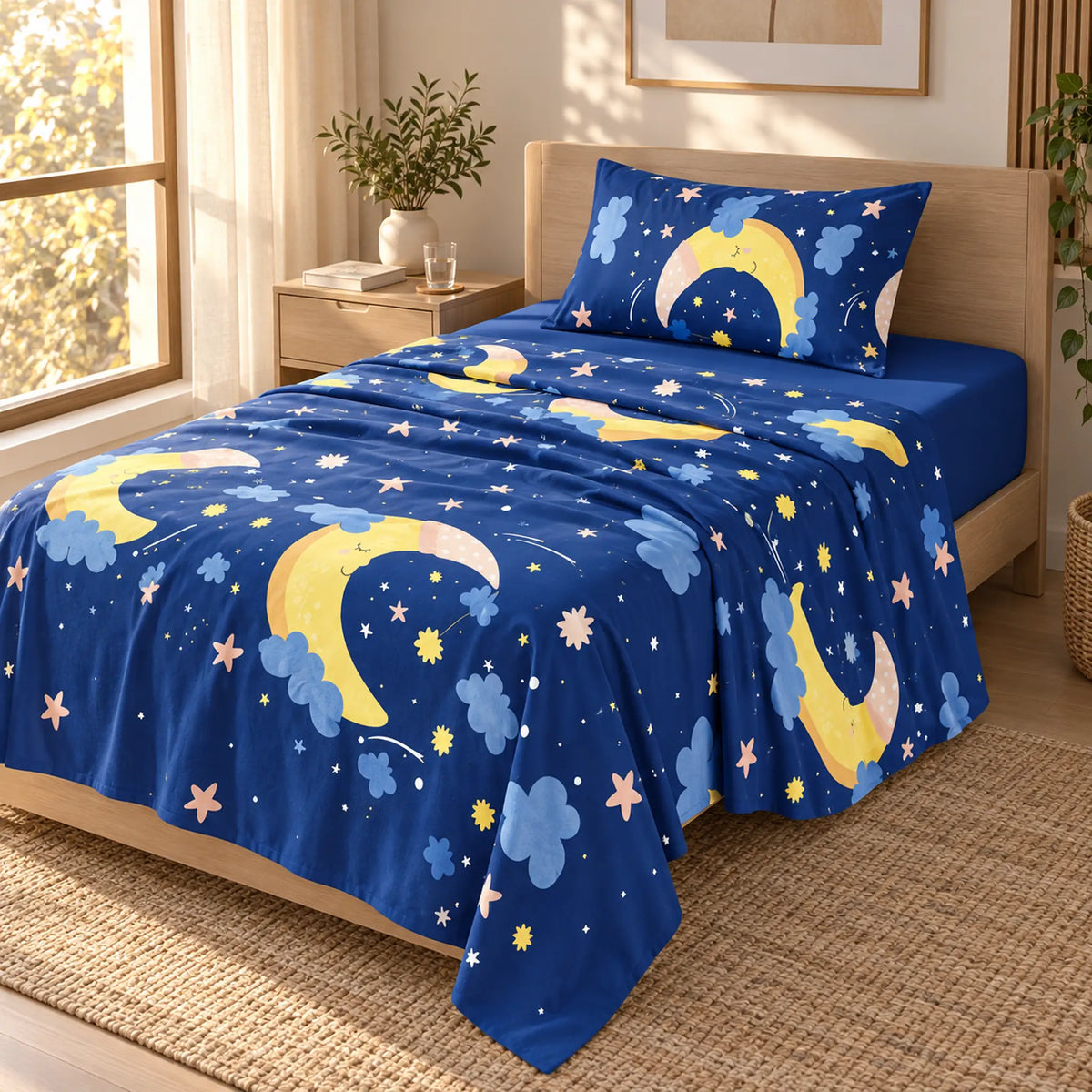 Juego de sábanas semimatrimonial 1.20 m, diseño Lunas y Estrellas Azul Marino – uso diario