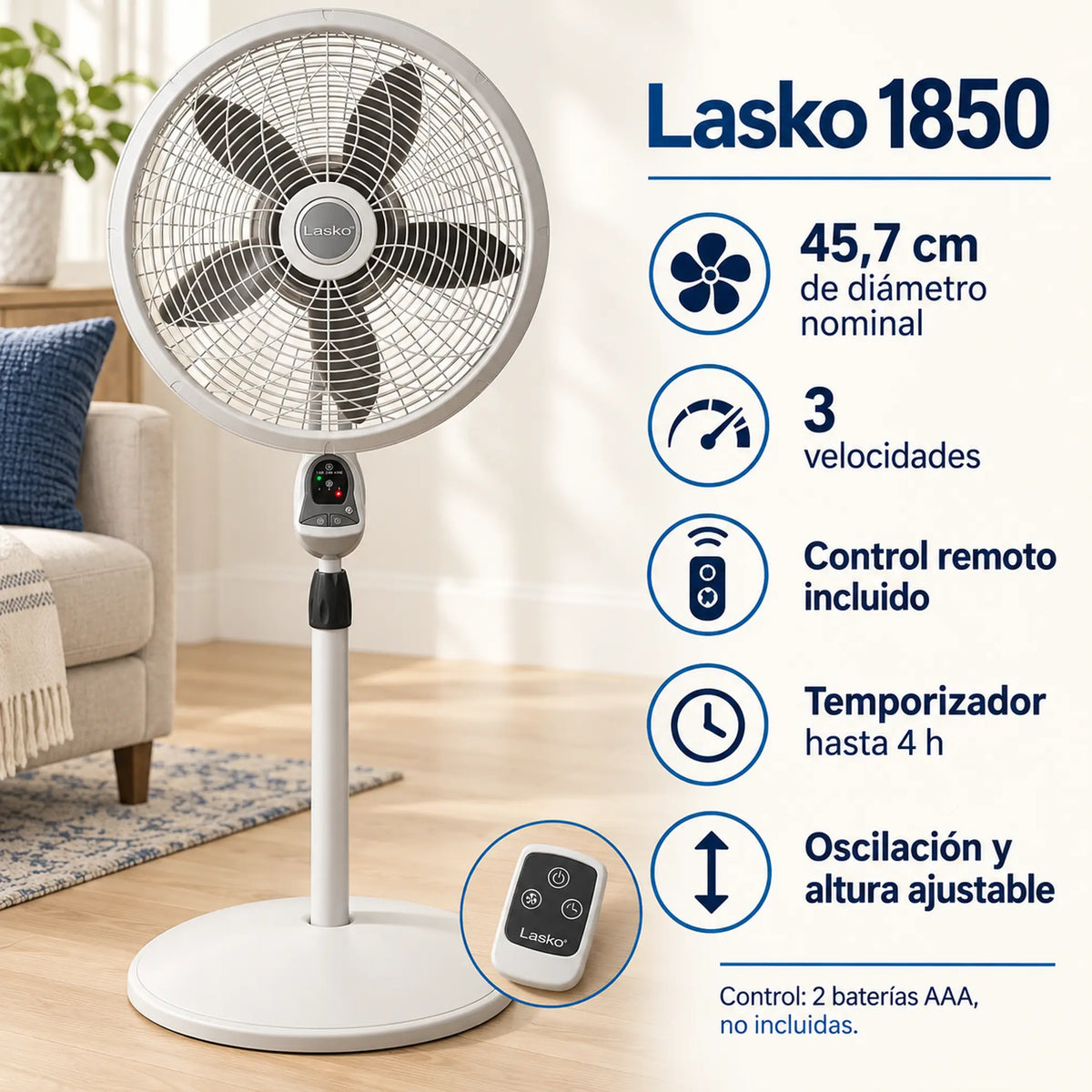 Ventilador de pedestal Lasko 18 pulgadas con control remoto – resumen de características