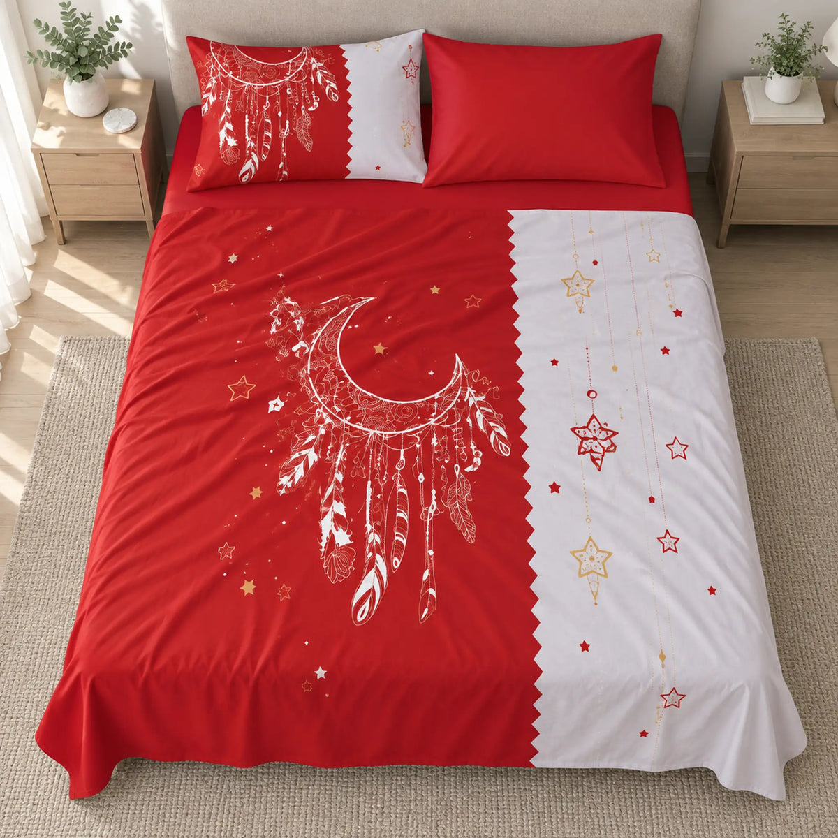 Juego de sábanas 4 piezas estampado rojo con atrapasueños y estrellas – diseño del estampado