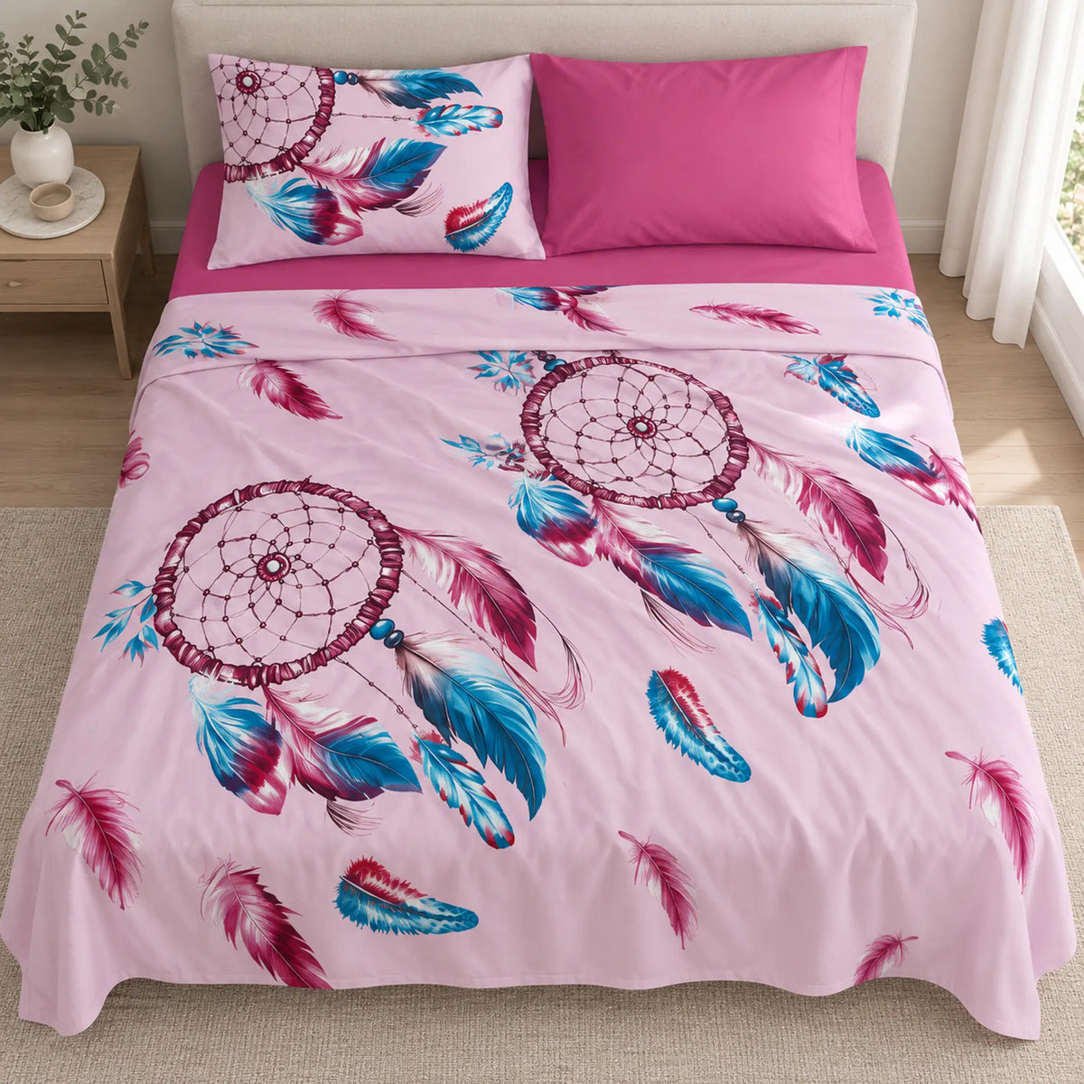 Juego de sábanas 4 piezas estampado con atrapasueños rosa – diseño del estampado