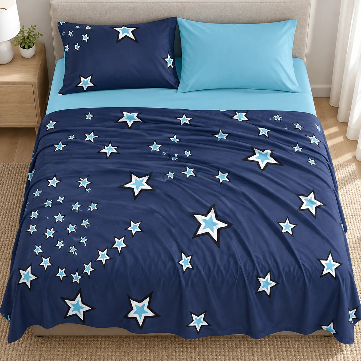Juego de sábanas 4 piezas estampado azul marino con estrellas – diseño del estampado