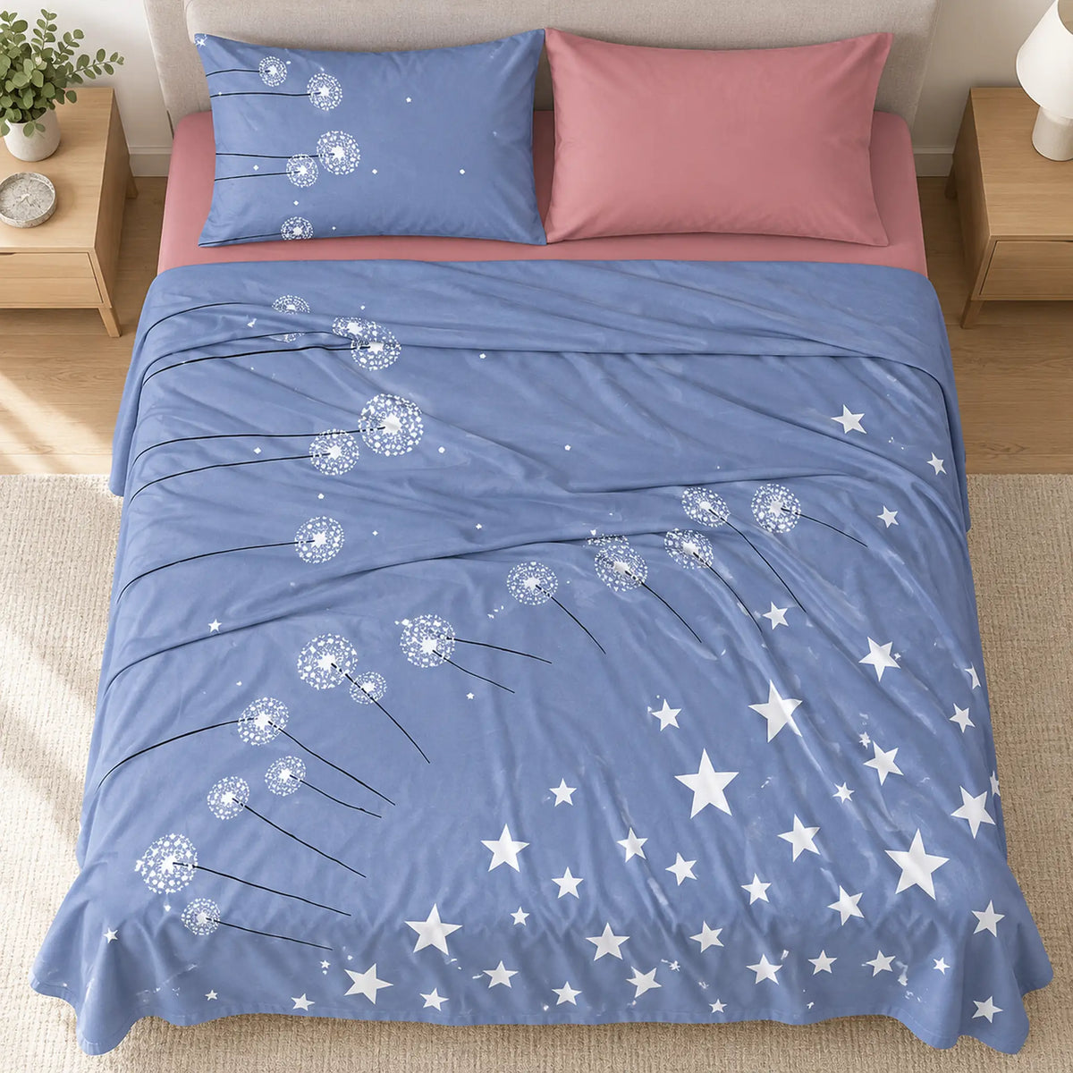 Juego de sábanas 4 piezas estampado azul con estrellas y dientes de león – diseño del estampado