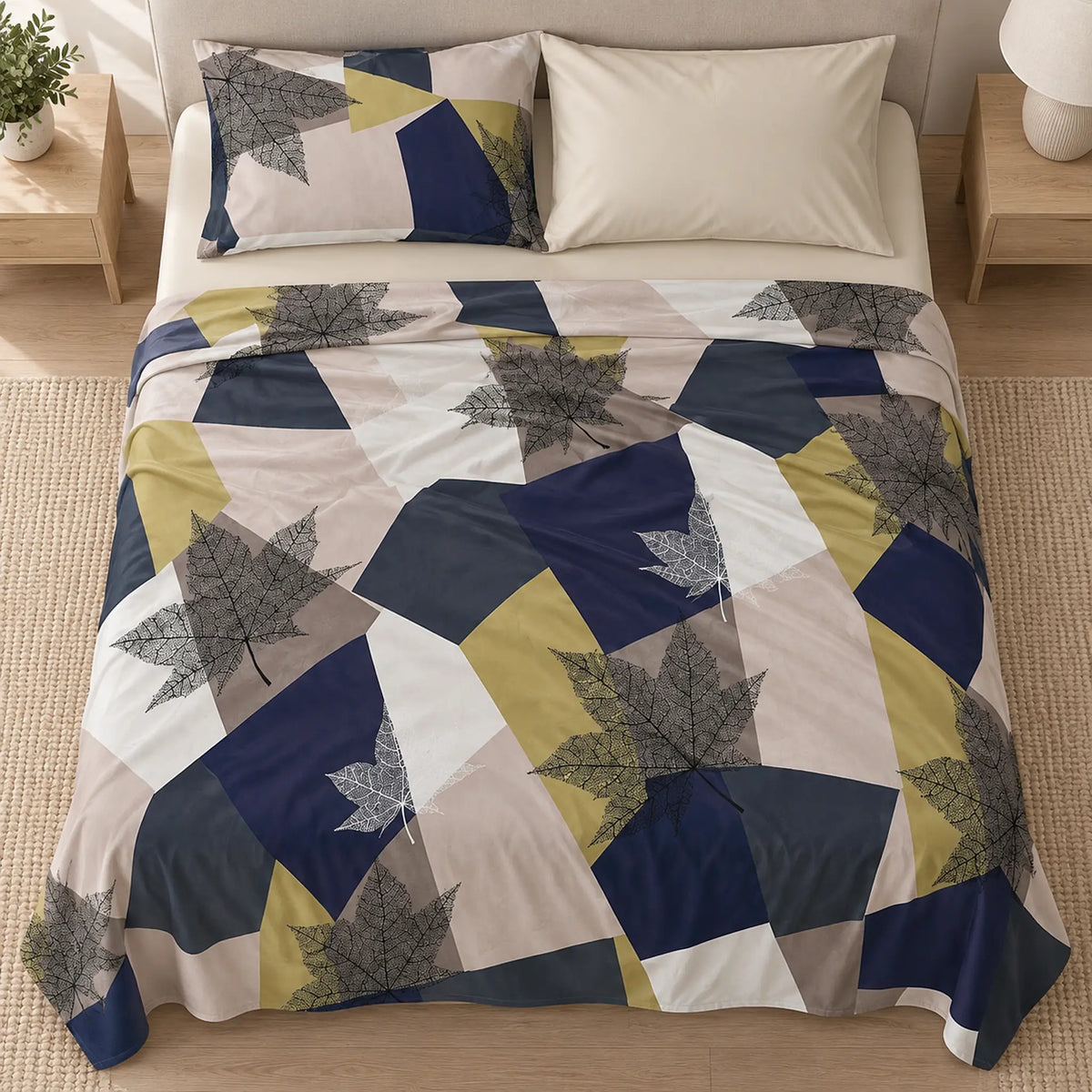 Juego de sábanas 4 piezas estampado con hojas geométricas – diseño del estampado