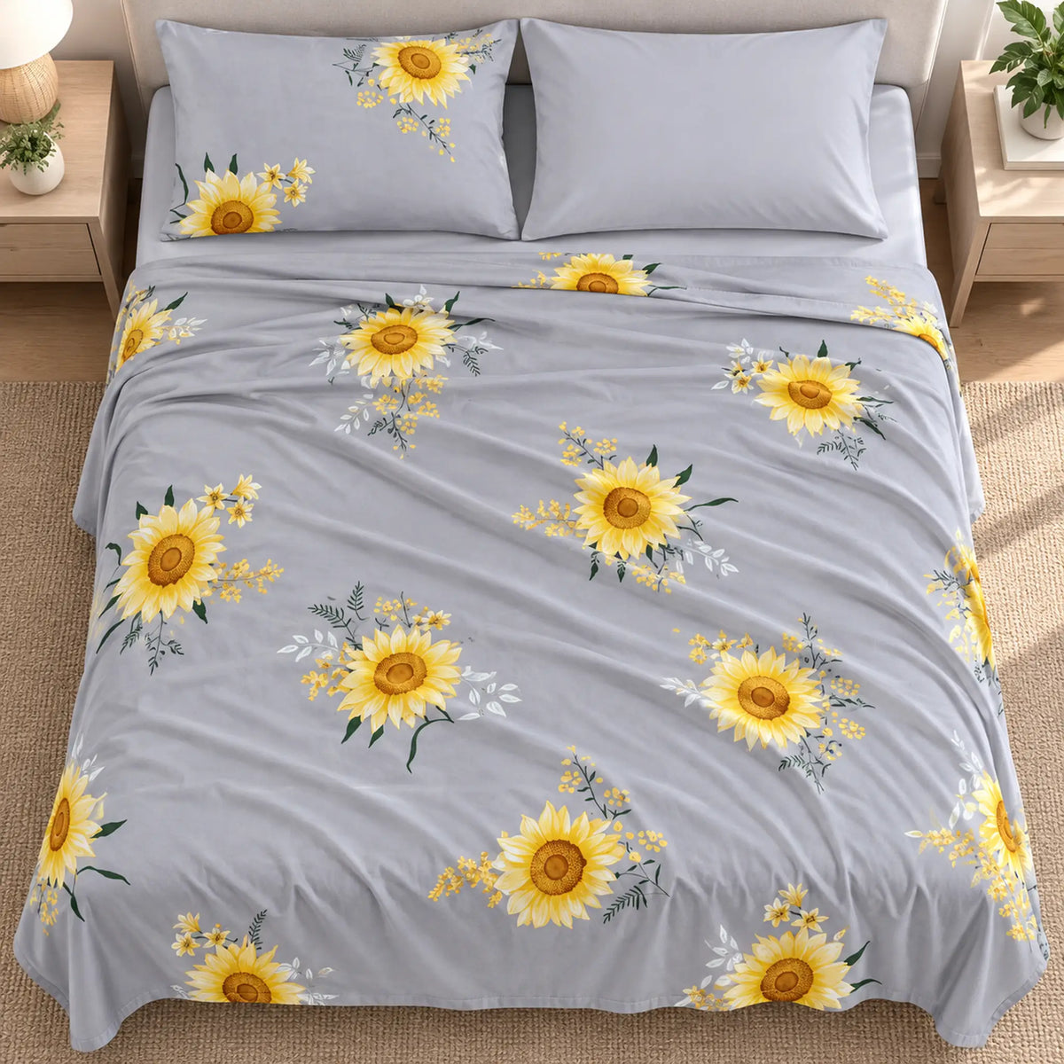 Juego de sábanas 4 piezas estampado gris con girasoles – diseño del estampado