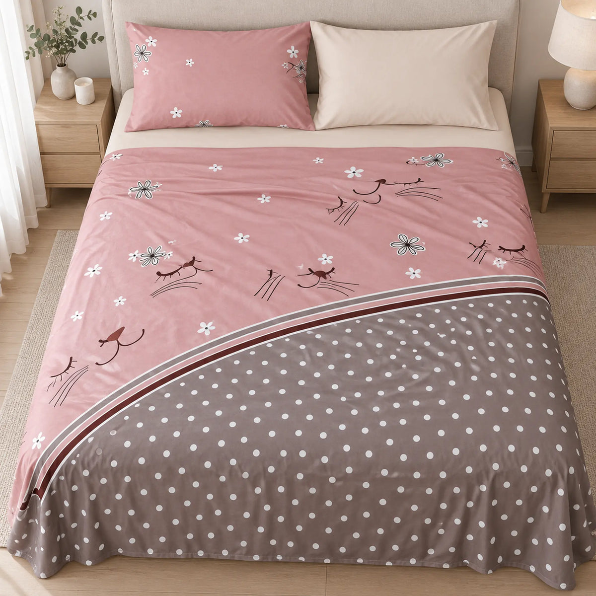 Juego de sábanas 4 piezas estampado rosa con gatito – diseño del estampado