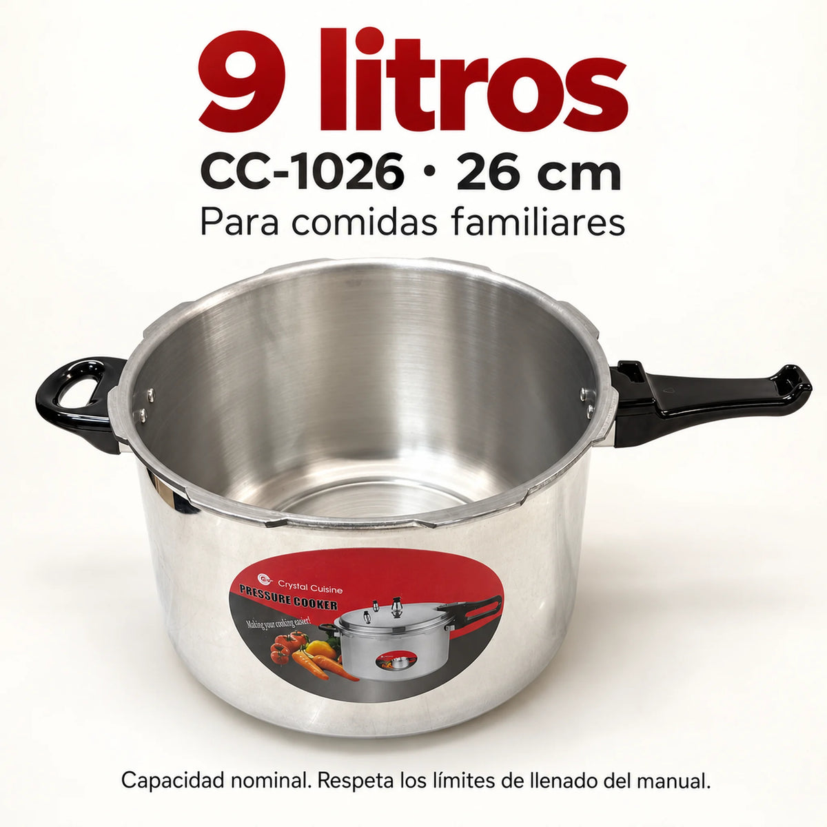 Olla de presión de aluminio de 9 litros – capacidad y diámetro