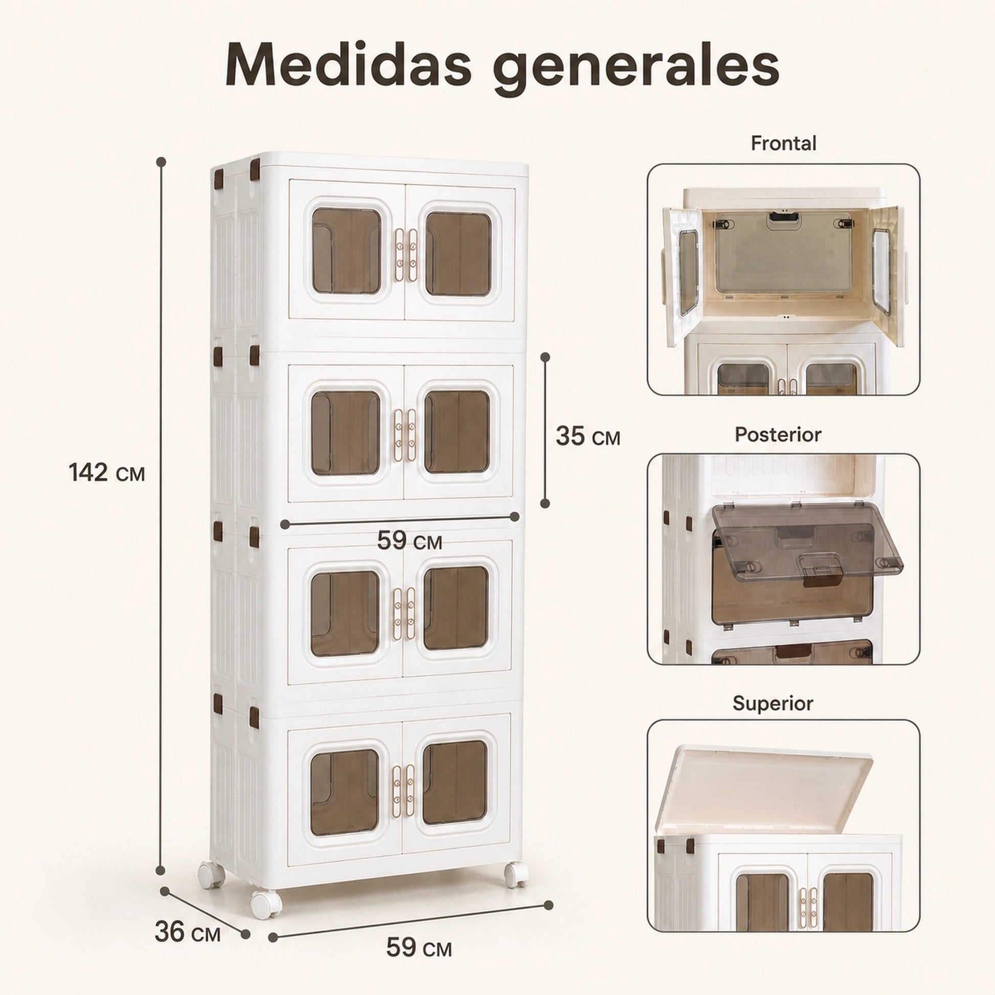 Guía de medidas del organizador modular de plástico de 4 niveles, doble acceso y ruedas
