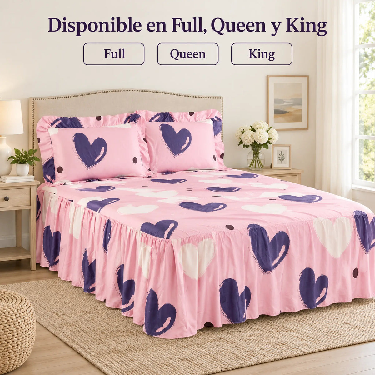 Juego de sábanas con vuelo 4 piezas, diseño Corazones Rosa y Morado – disponible en full, queen y king