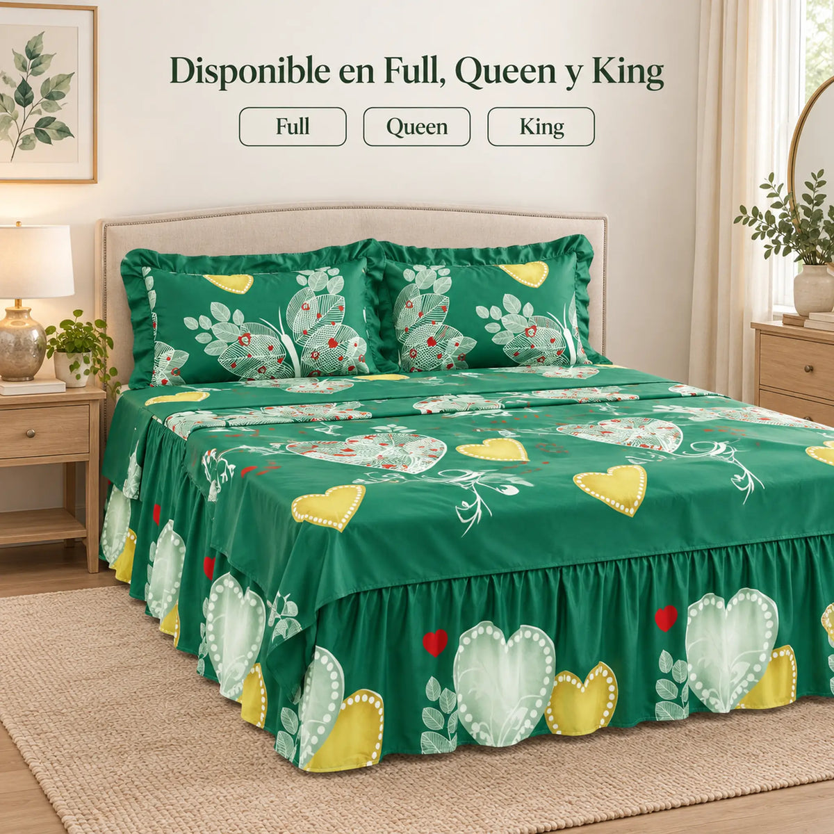 Juego de sábanas con vuelo 4 piezas, diseño Corazones Verde Esmeralda – disponible en full, queen y king