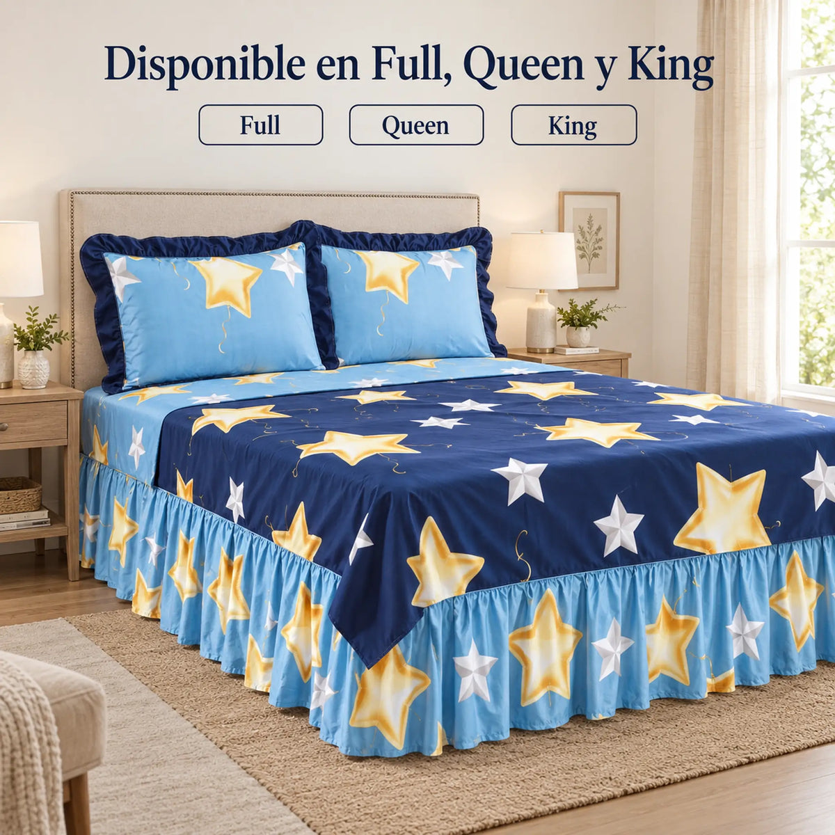 Juego de sábanas con vuelo 4 piezas, diseño Estrellas Doradas Azul – disponible en full, queen y king