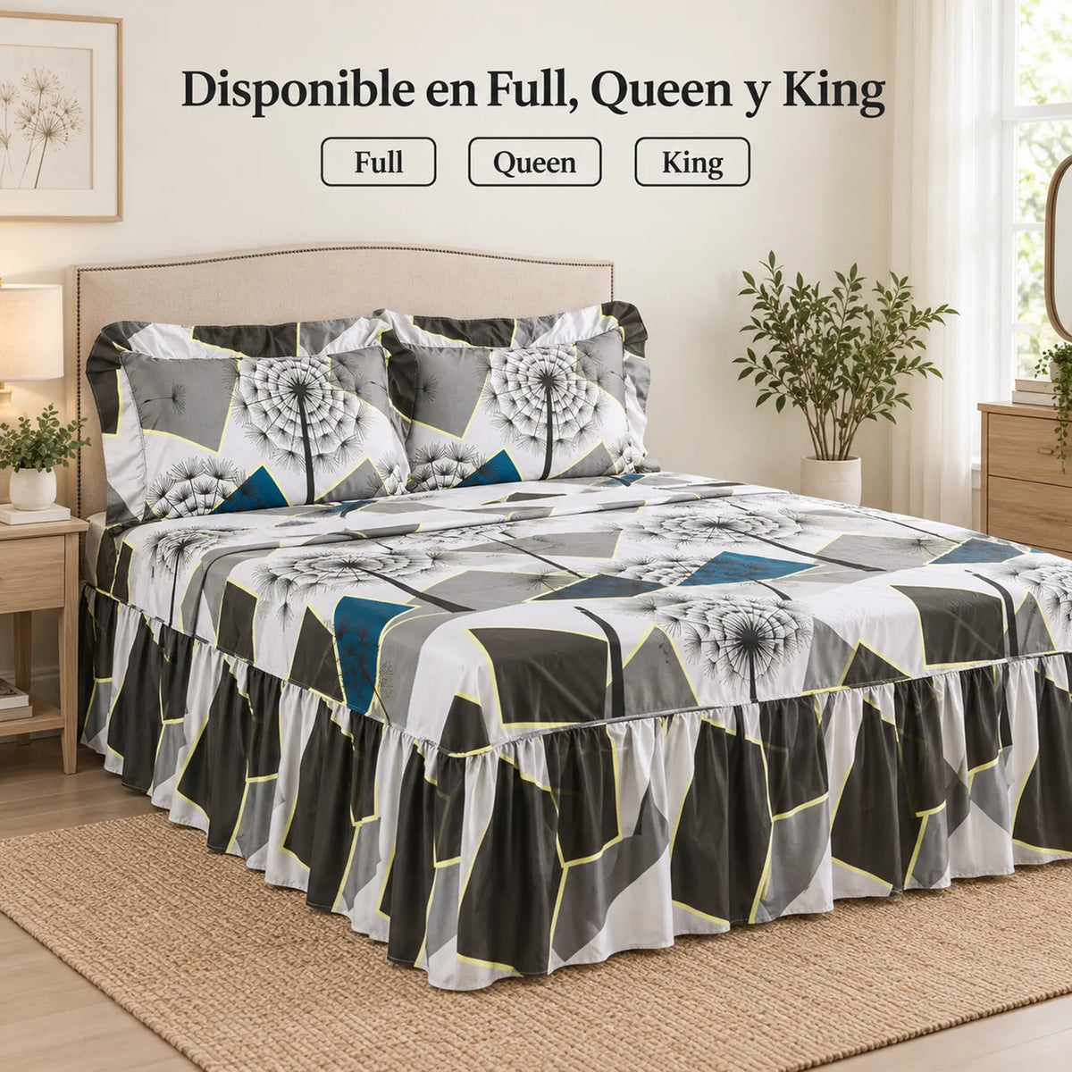 Juego de sábanas con vuelo 4 piezas, diseño Dientes de León Gris y Azul – disponible en full, queen y king