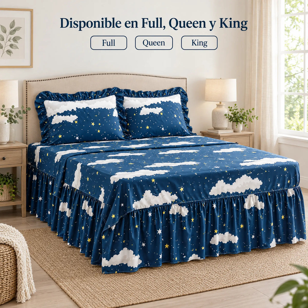 Juego de sábanas con vuelo 4 piezas, diseño Nubes y Estrellas Azul Marino – disponible en full, queen y king