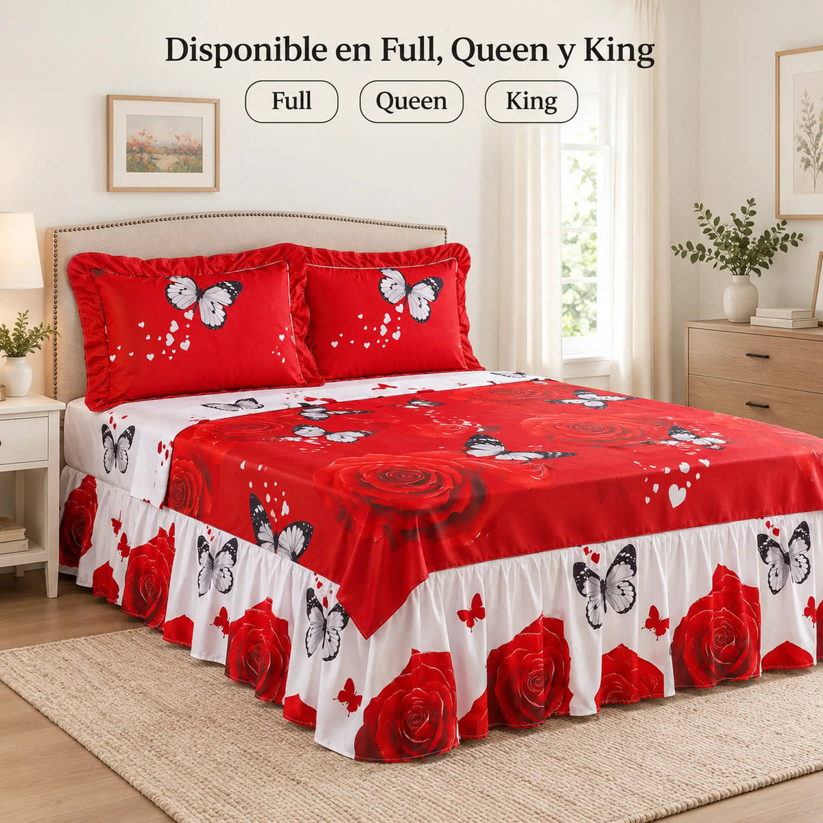 Juego de sábanas con vuelo 4 piezas, diseño Rosas Rojas y Mariposas – disponible en full, queen y king
